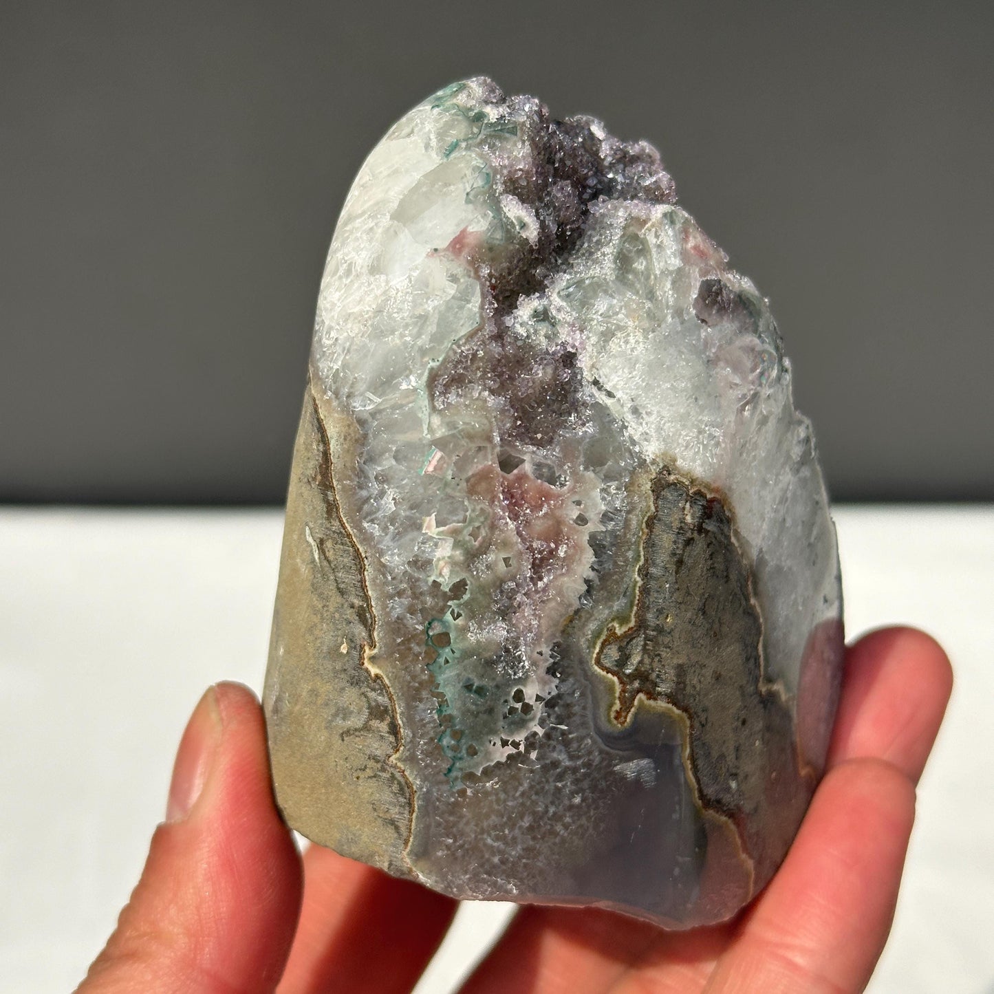 Rare Polychrome Uruguayan Amethyst, Red & Green Hematite Symbiosis Cluster, Polished Geode Edge, Unique Healing Mineral Specimen 0.82lb - view 5