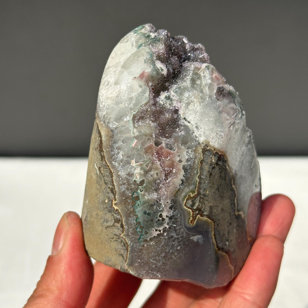 Rare Polychrome Uruguayan Amethyst, Red & Green Hematite Symbiosis Cluster, Polished Geode Edge, Unique Healing Mineral Specimen 0.82lb - view 5
