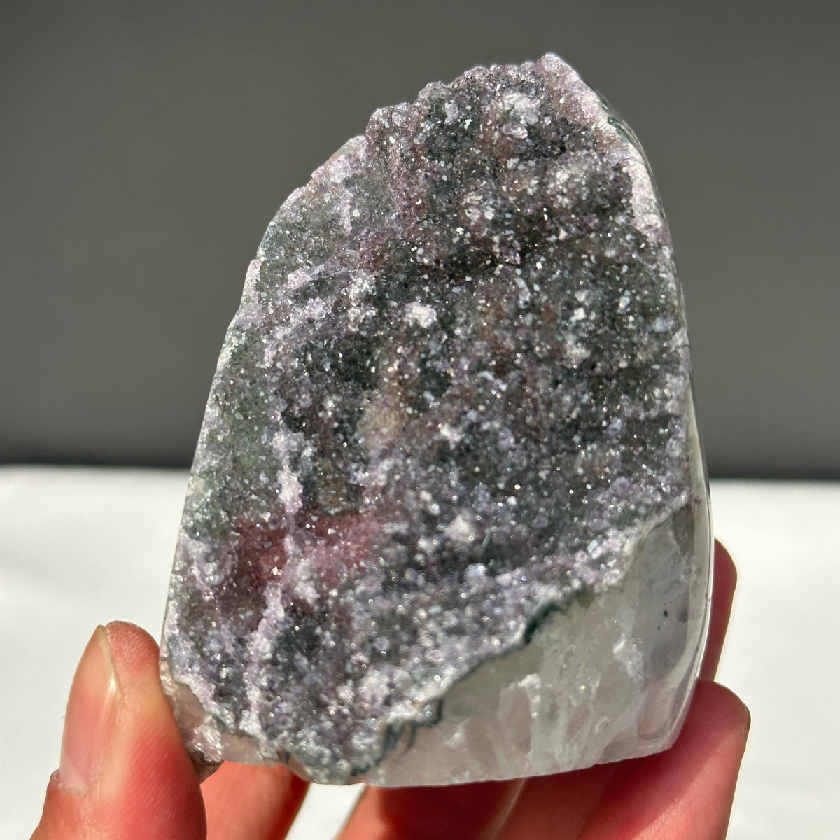 Rare Polychrome Uruguayan Amethyst, Red & Green Hematite Symbiosis Cluster, Polished Geode Edge, Unique Healing Mineral Specimen 0.82lb - view 8