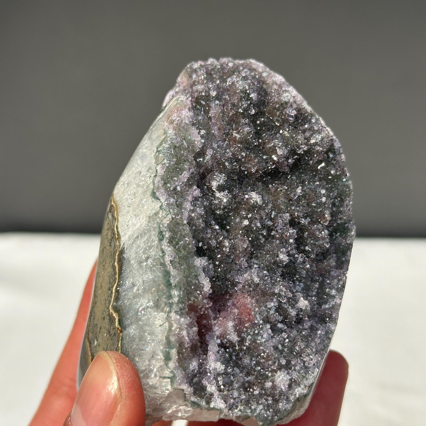 Rare Polychrome Uruguayan Amethyst, Red & Green Hematite Symbiosis Cluster, Polished Geode Edge, Unique Healing Mineral Specimen 0.82lb - view 9