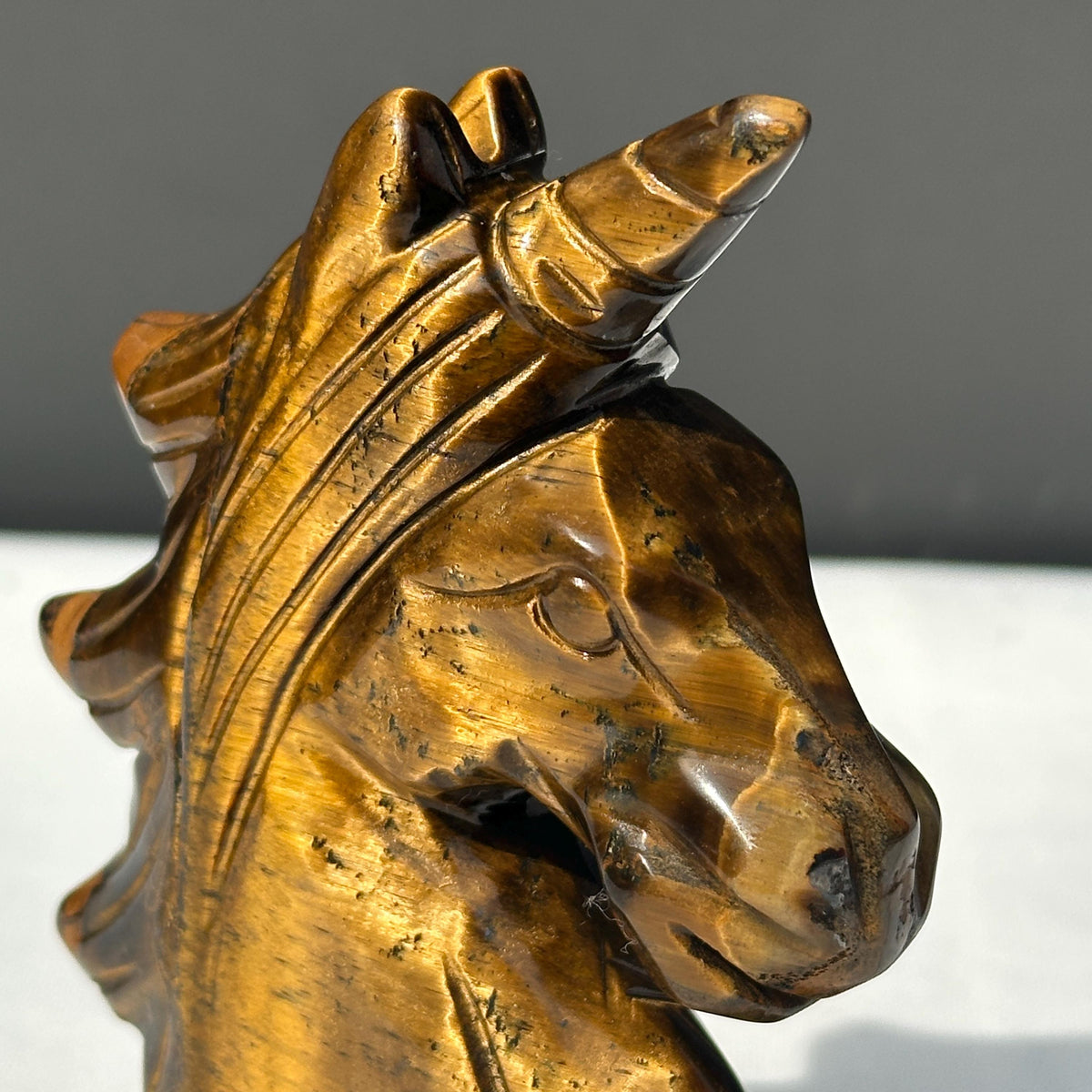 Hand-Carved Tiger's Eye Unicorn Statue, Golden Chatoyant Brazilian Crystal Fantasy Sculpture, Protective Spirit Animal Decor Exact 0.70lb - view 6