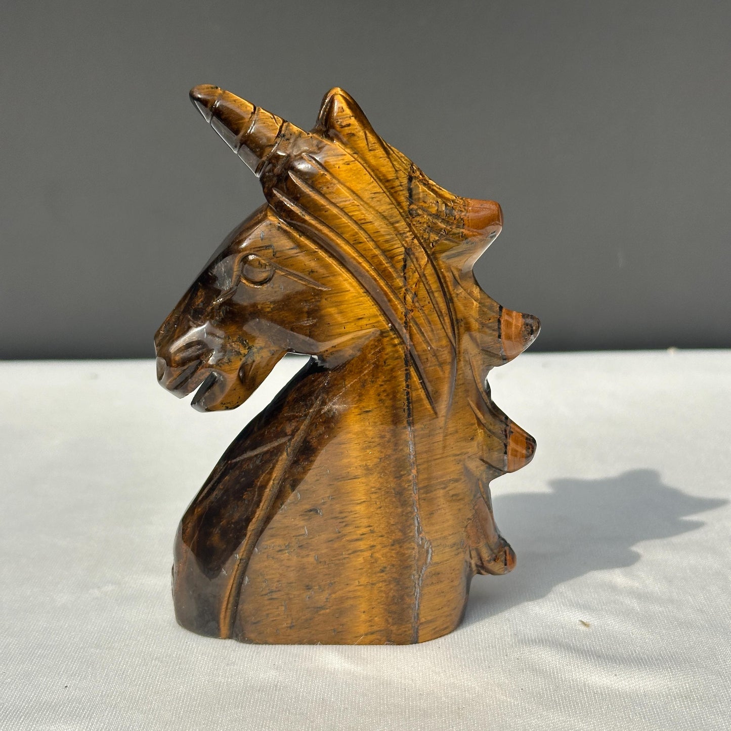 Hand-Carved Tiger's Eye Unicorn Statue, Golden Chatoyant Brazilian Crystal Fantasy Sculpture, Protective Spirit Animal Decor Exact 0.70lb