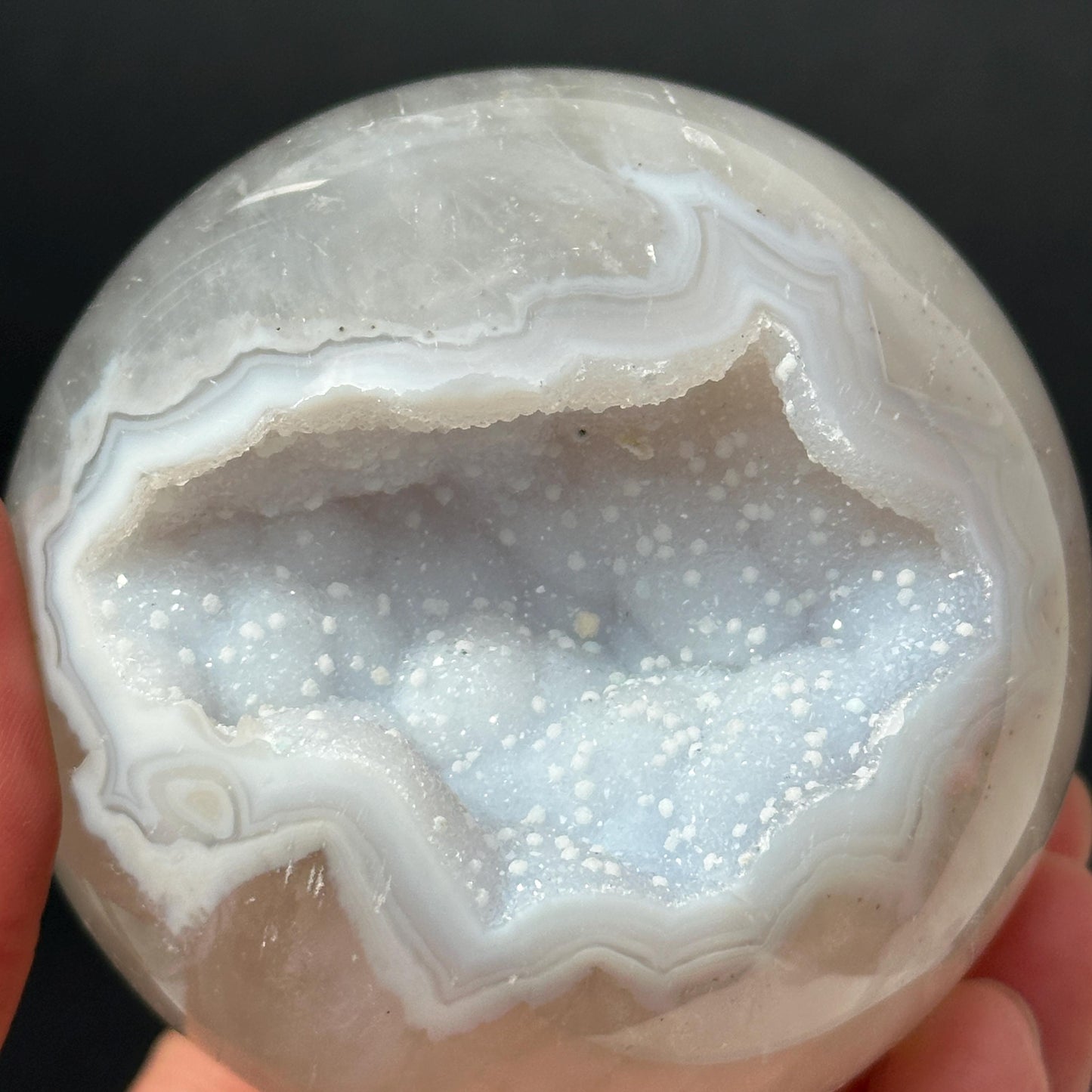 78mm White Sugar Druzy Agate Sphere, Large Open Mouth Geode Ball, Polished Brazilian Crystal Orb with Free Stand, Exact Specimen 1.36lb - view 7