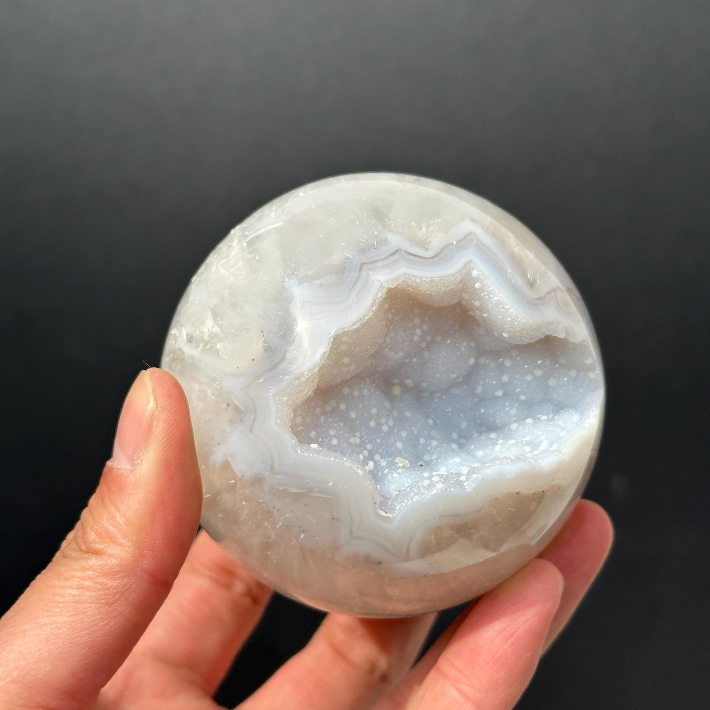 78mm White Sugar Druzy Agate Sphere, Large Open Mouth Geode Ball, Polished Brazilian Crystal Orb with Free Stand, Exact Specimen 1.36lb