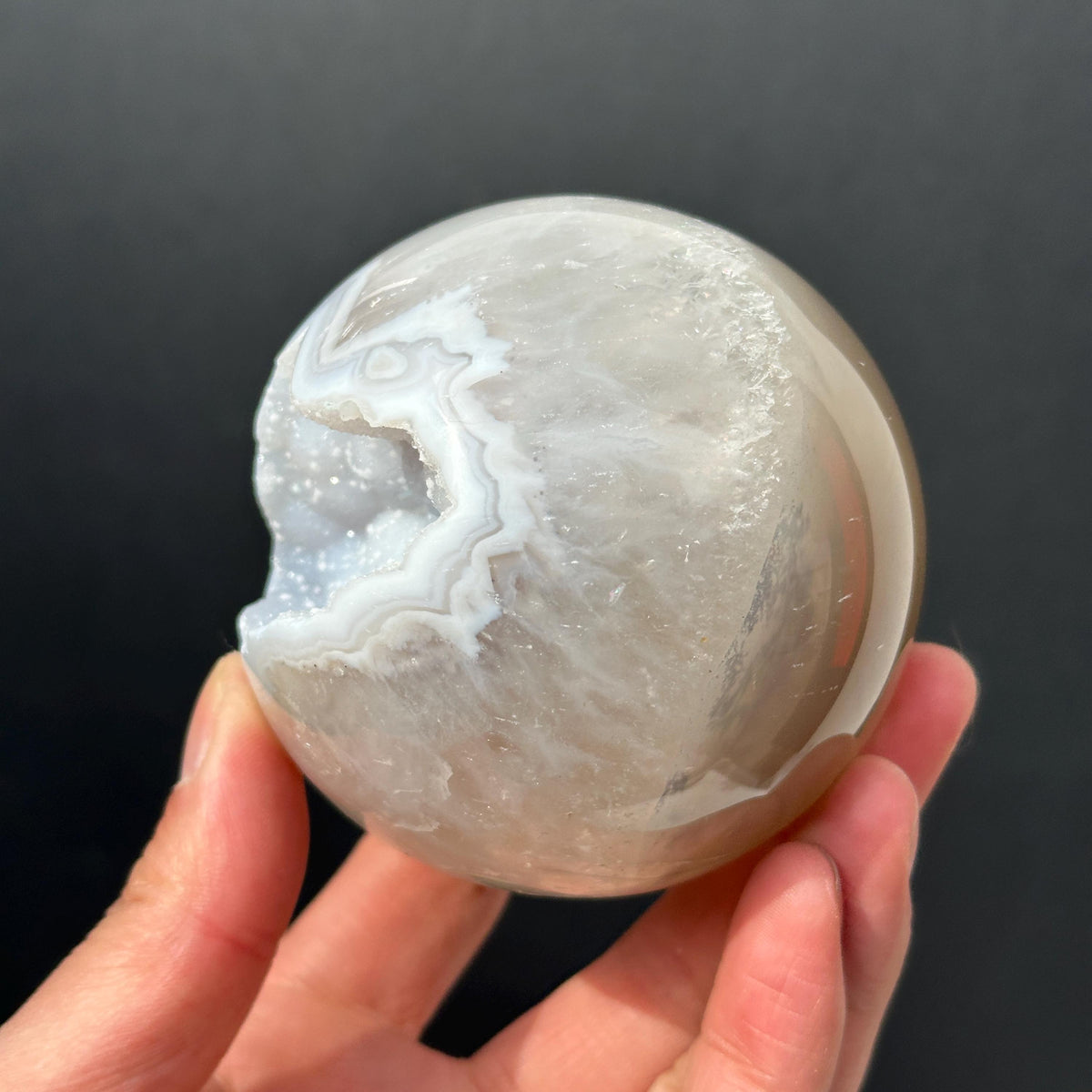 78mm White Sugar Druzy Agate Sphere, Large Open Mouth Geode Ball, Polished Brazilian Crystal Orb with Free Stand, Exact Specimen 1.36lb - view 4