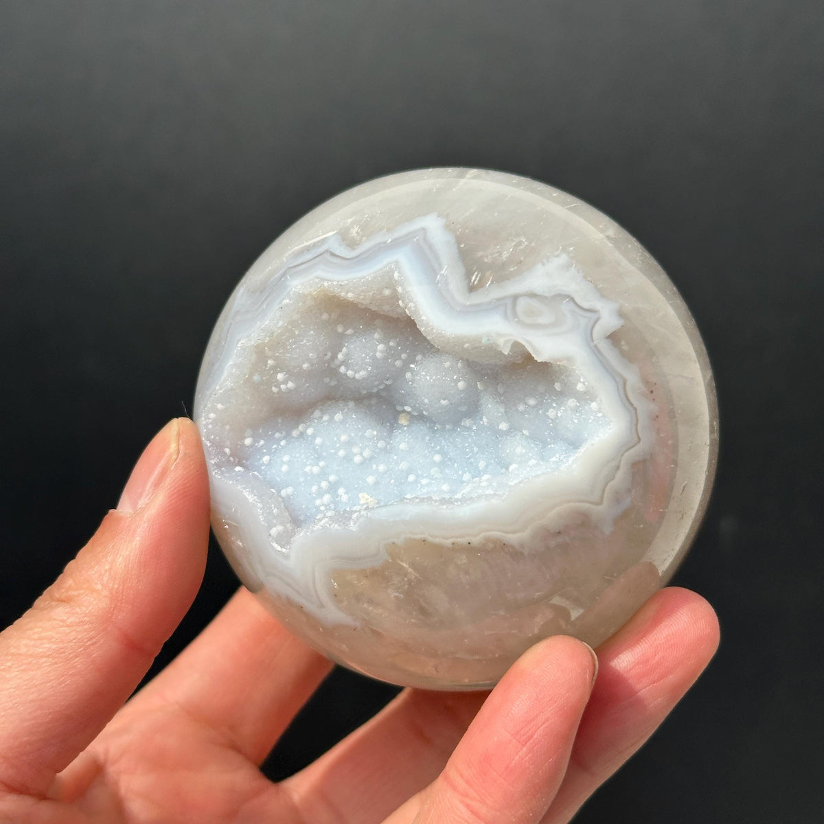 78mm White Sugar Druzy Agate Sphere, Large Open Mouth Geode Ball, Polished Brazilian Crystal Orb with Free Stand, Exact Specimen 1.36lb - view 3