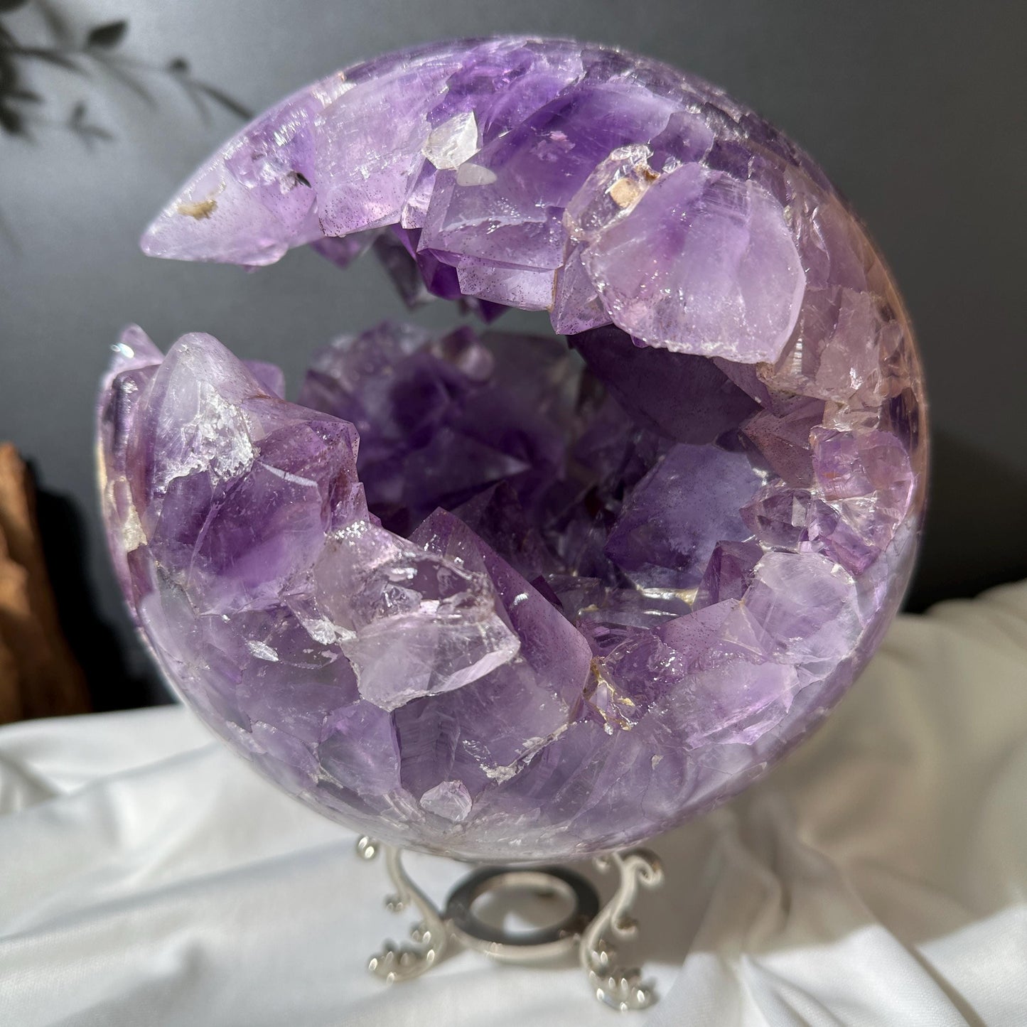 Giant Amethyst Smile Geode Sphere, Rare No Matrix Clear Big Points, Polished Purple Open Mouth Crystal + Free Stand 12.46lb Exact
