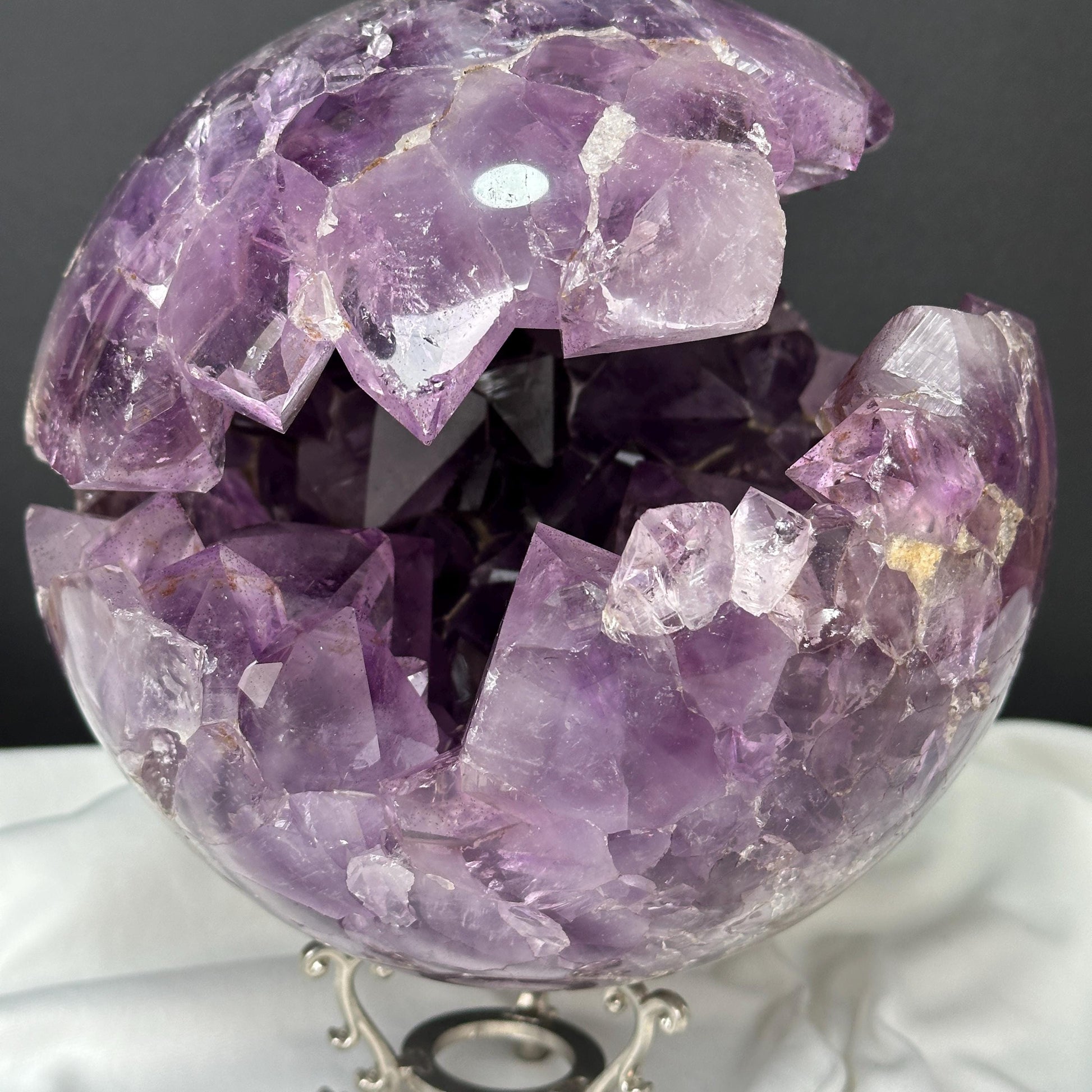 Giant Amethyst Smile Geode Sphere, Rare No Matrix Clear Big Points, Polished Purple Open Mouth Crystal + Free Stand 12.46lb Exact - view 8