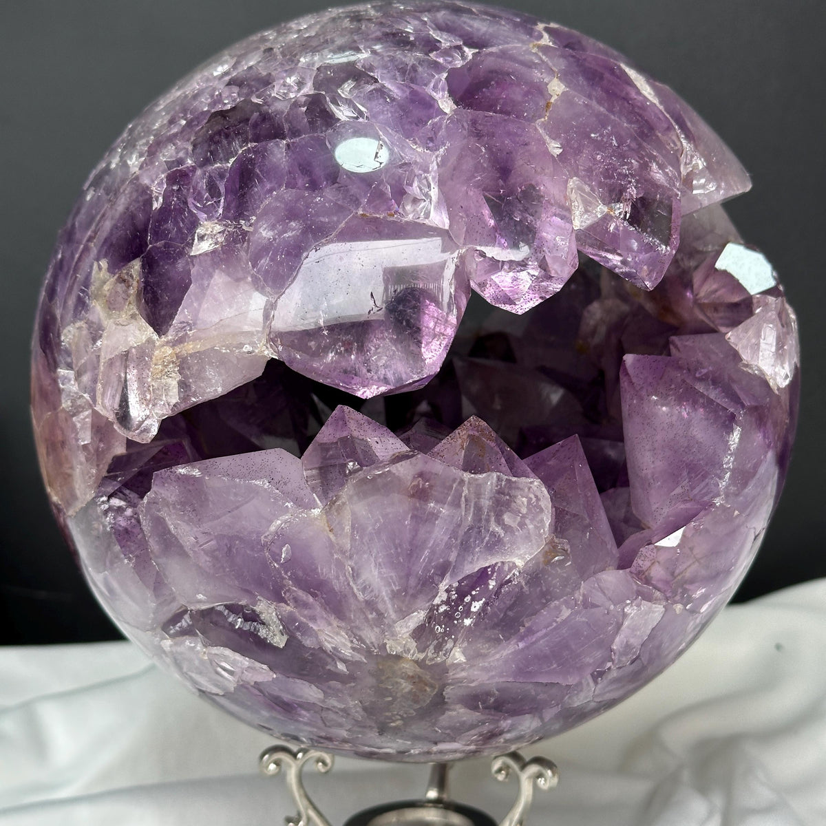 Giant Amethyst Smile Geode Sphere, Rare No Matrix Clear Big Points, Polished Purple Open Mouth Crystal + Free Stand 12.46lb Exact - view 9