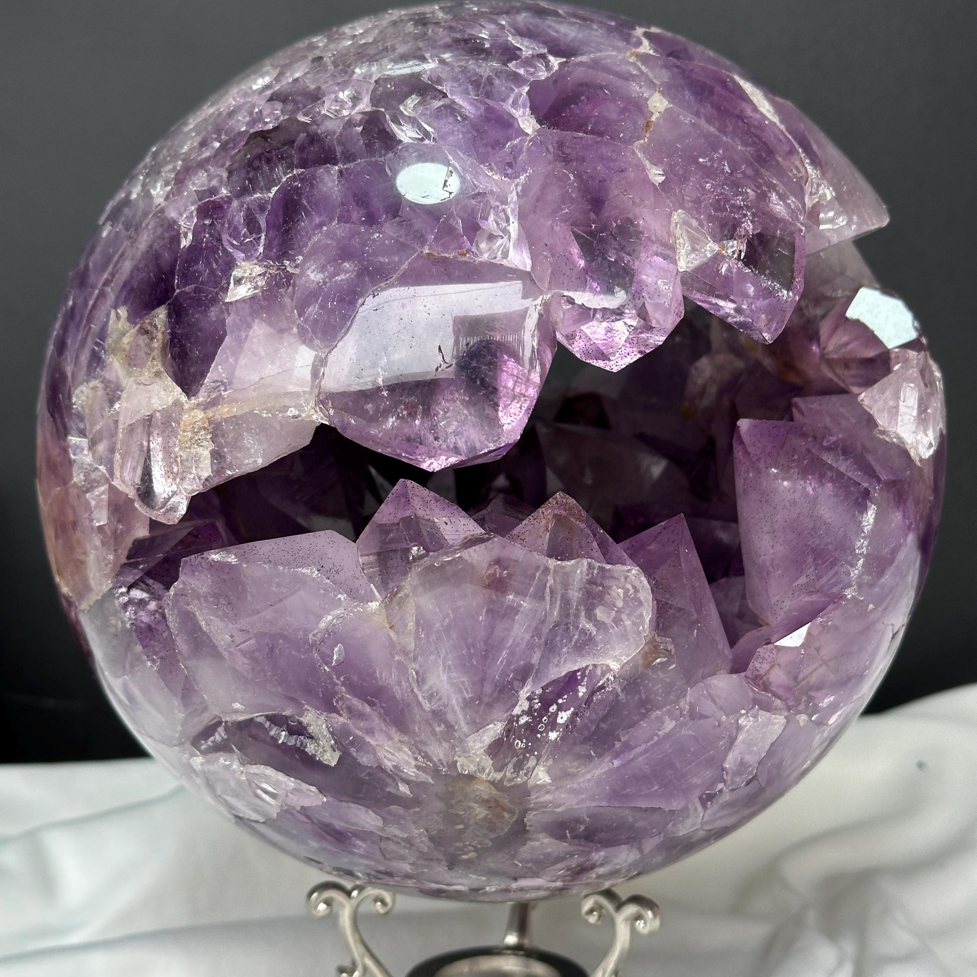Giant Amethyst Smile Geode Sphere, Rare No Matrix Clear Big Points, Polished Purple Open Mouth Crystal + Free Stand 12.46lb Exact - view 9