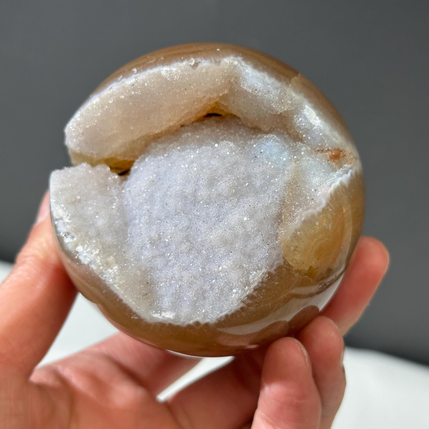 78mm White Sugar Druzy Agate Sphere with Stand, Large Open Mouth Geode Ball, Polished Brazilian Crystal Orb, Wealth Basin Exact 1.13lb - view 9
