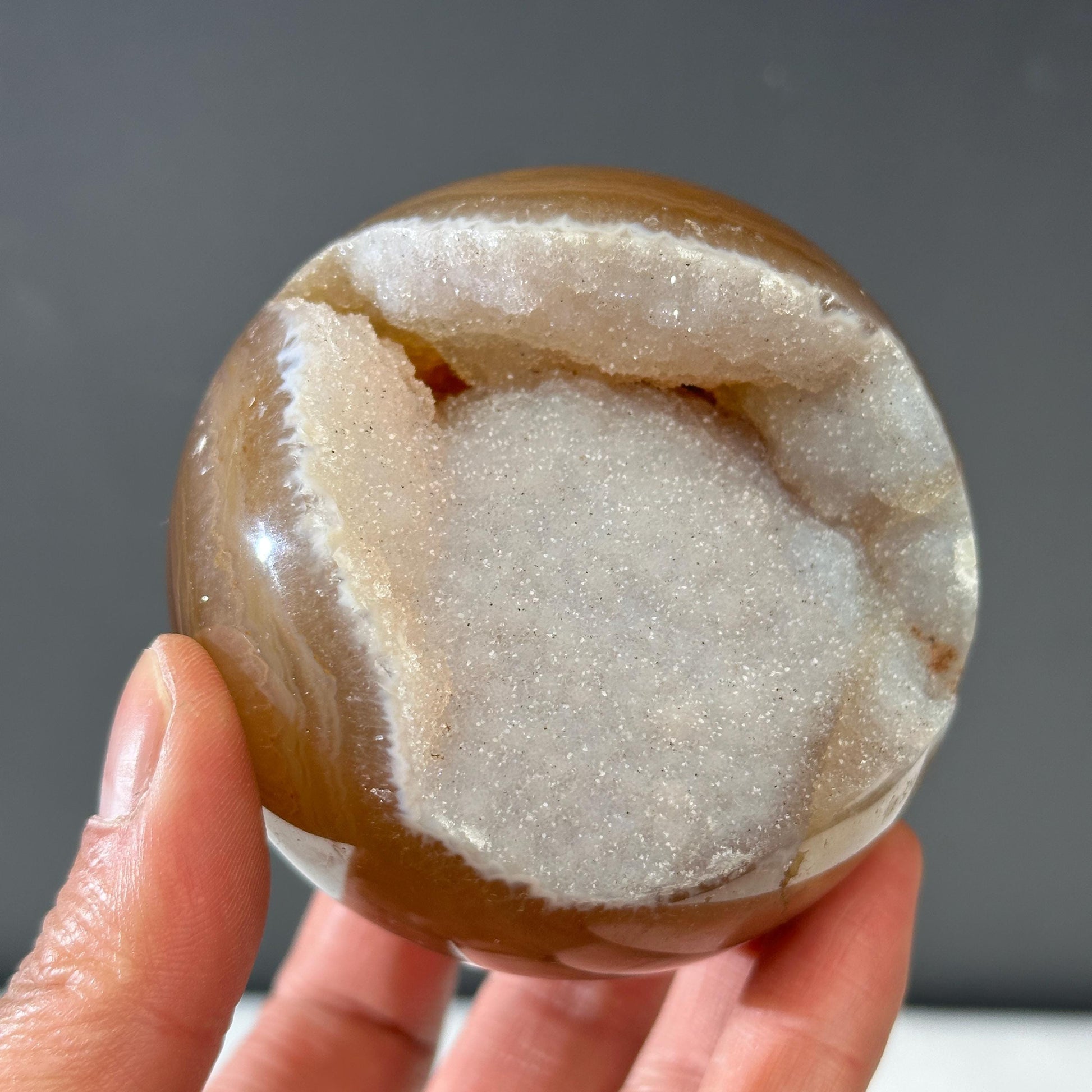 78mm White Sugar Druzy Agate Sphere with Stand, Large Open Mouth Geode Ball, Polished Brazilian Crystal Orb, Wealth Basin Exact 1.13lb - view 5