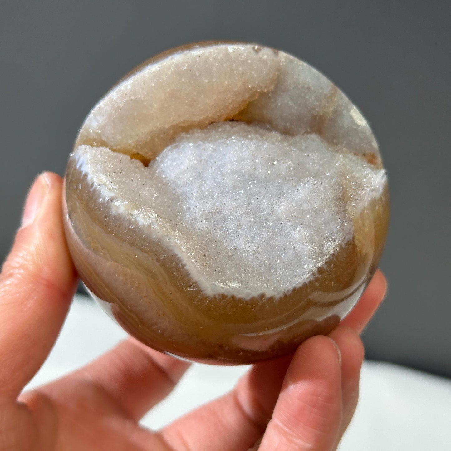 78mm White Sugar Druzy Agate Sphere with Stand, Large Open Mouth Geode Ball, Polished Brazilian Crystal Orb, Wealth Basin Exact 1.13lb - view 10