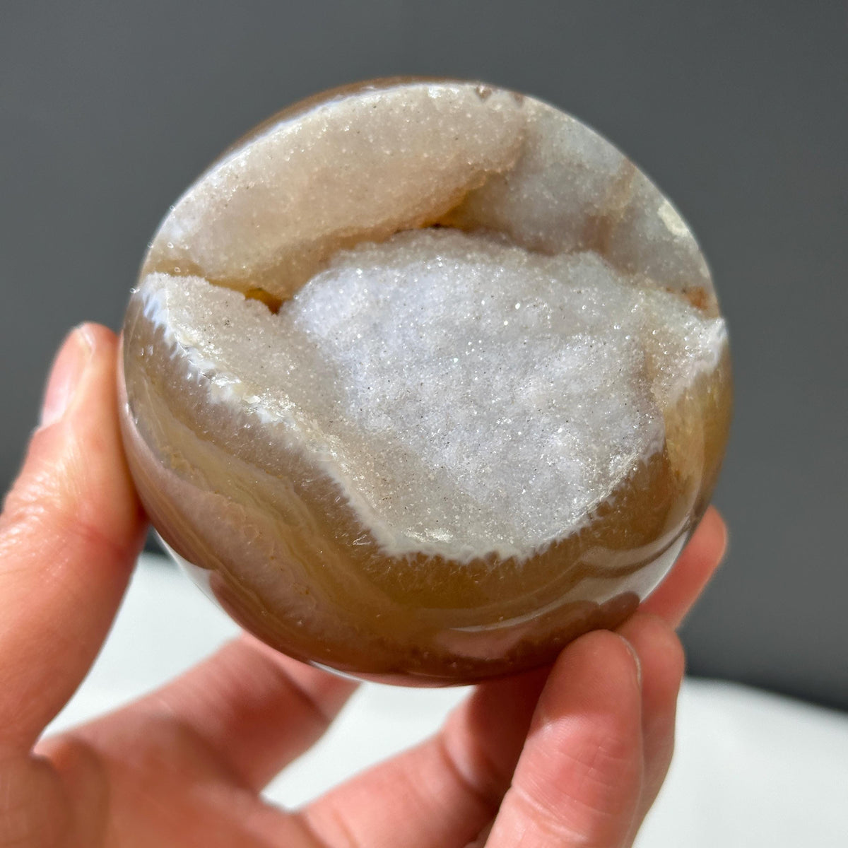 78mm White Sugar Druzy Agate Sphere with Stand, Large Open Mouth Geode Ball, Polished Brazilian Crystal Orb, Wealth Basin Exact 1.13lb - view 10