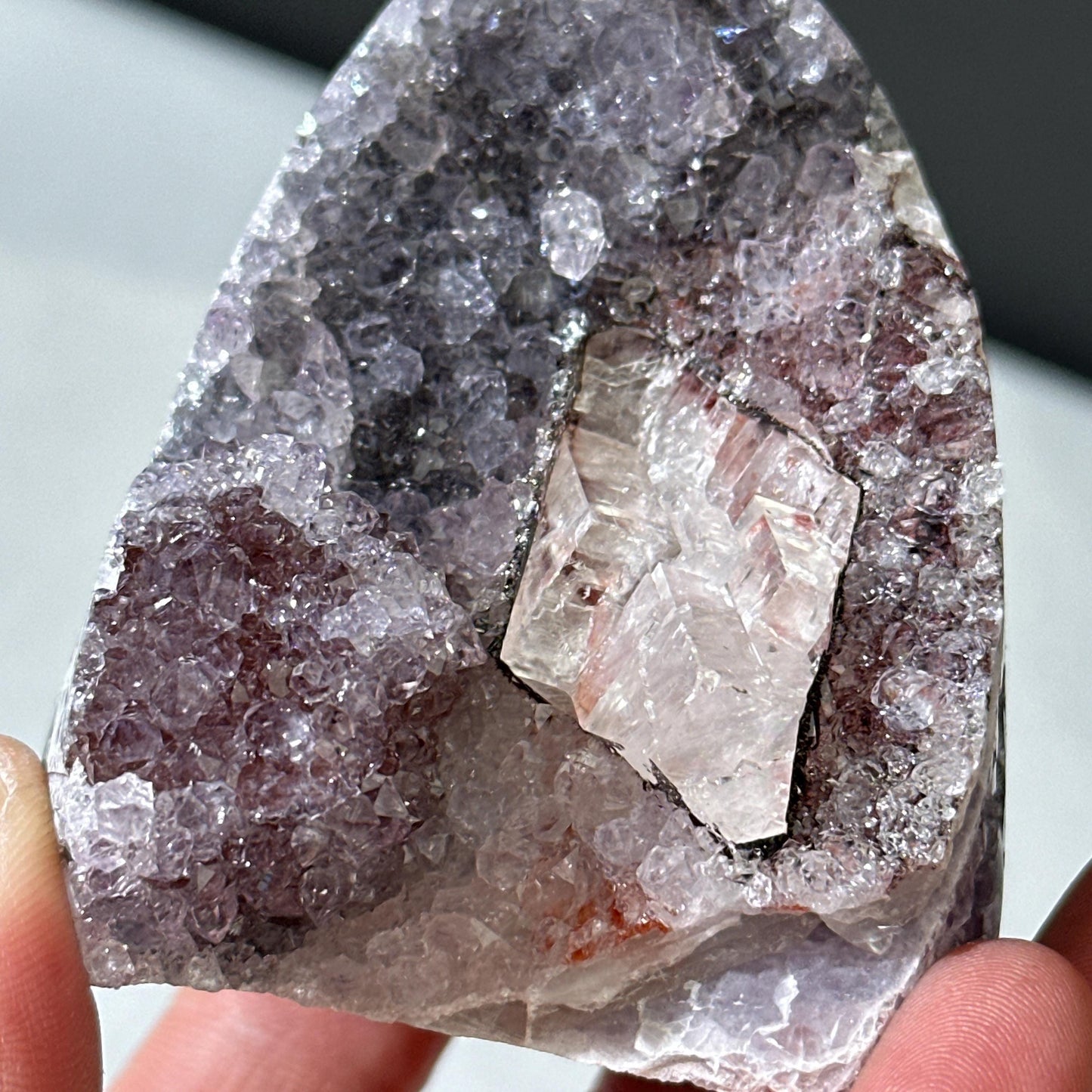 Rare Uruguayan Amethyst with Calcite Symbiosis, Red Hematite Amethyst Cluster, Polished Base Mineral Specimen, Healing Decor Exact 7.27oz - view 8