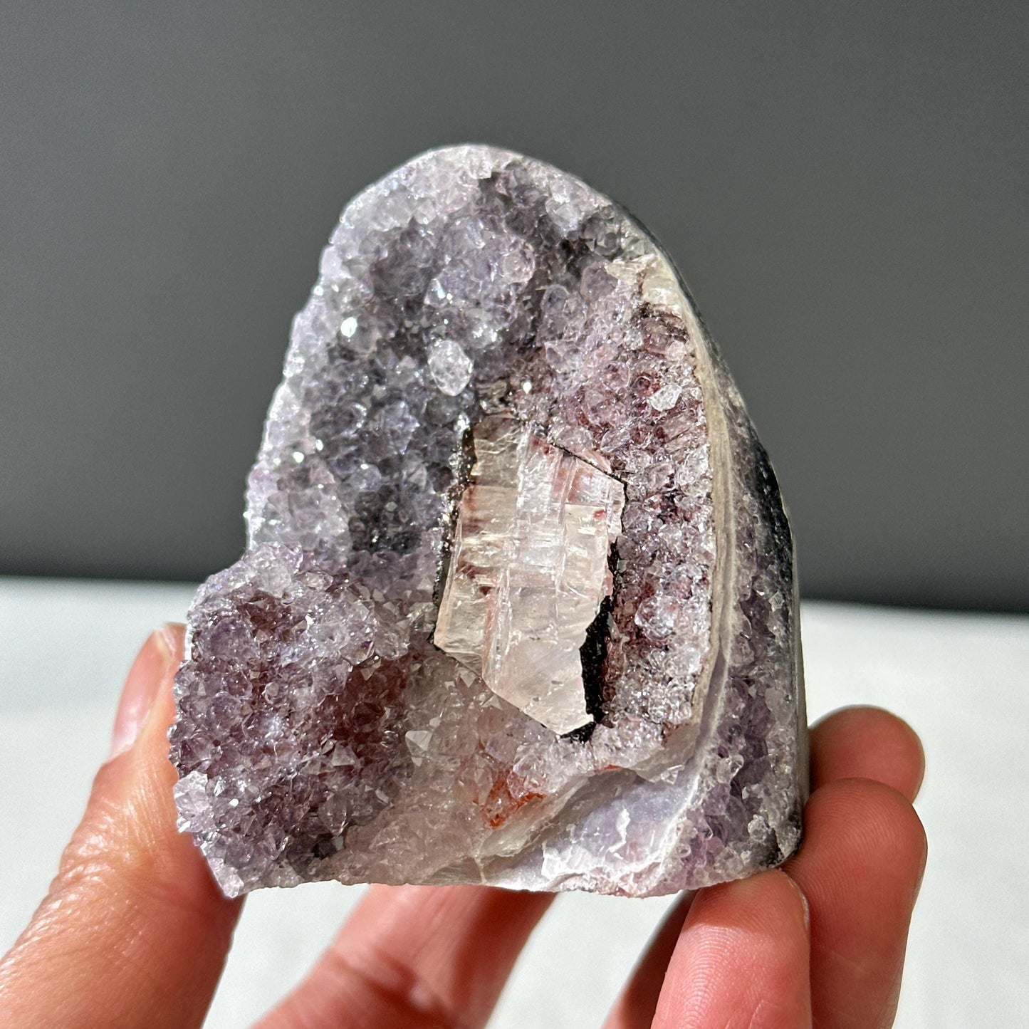 Rare Uruguayan Amethyst with Calcite Symbiosis, Red Hematite Amethyst Cluster, Polished Base Mineral Specimen, Healing Decor Exact 7.27oz