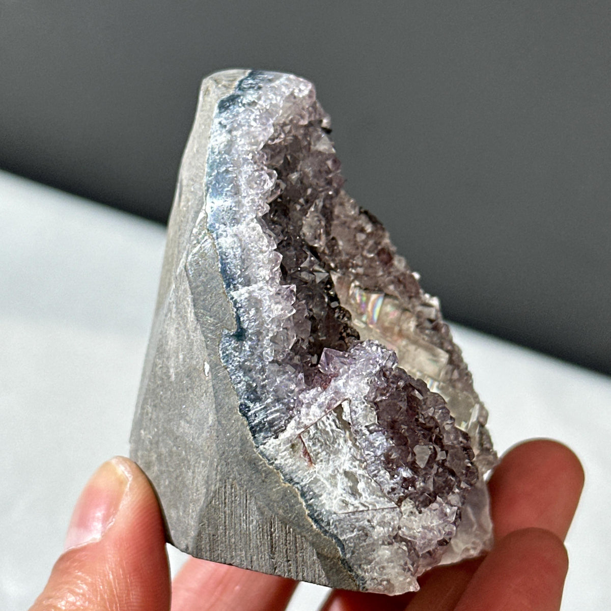 Rare Uruguayan Amethyst with Calcite Symbiosis, Red Hematite Amethyst Cluster, Polished Base Mineral Specimen, Healing Decor Exact 7.27oz - view 9