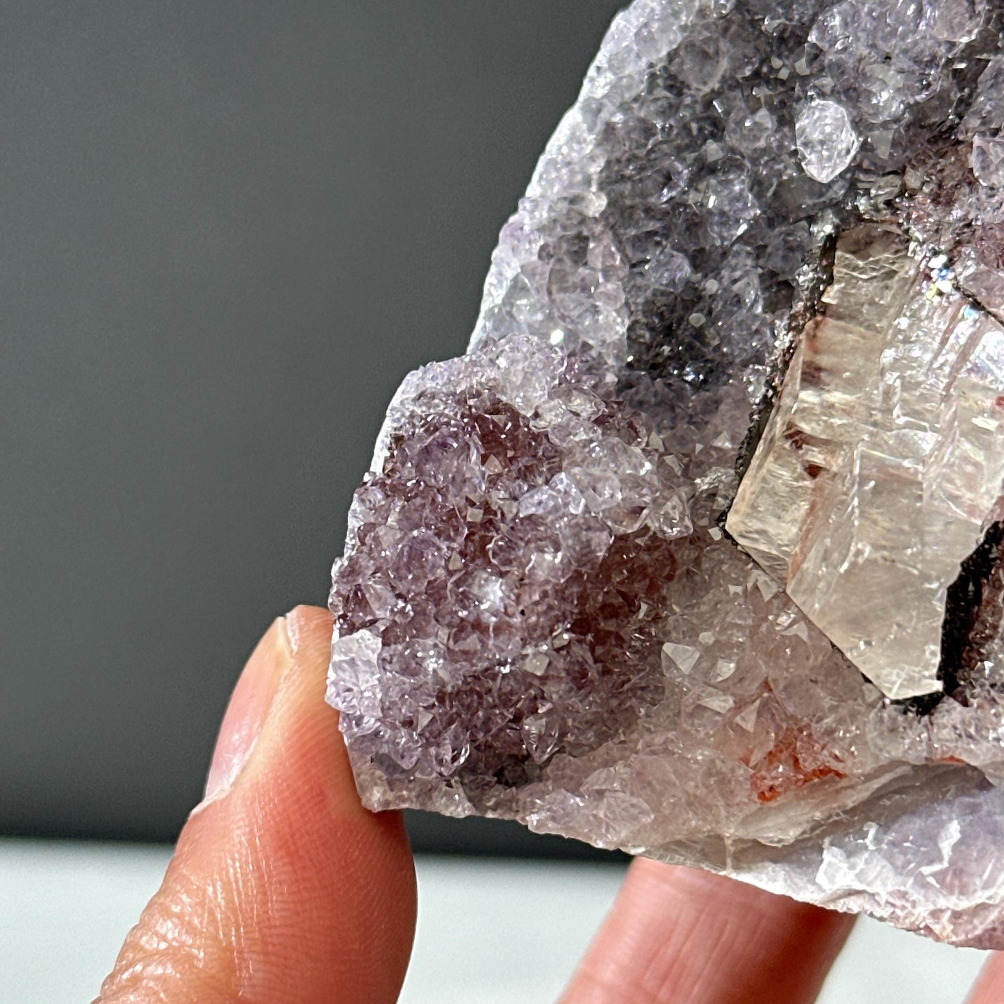 Rare Uruguayan Amethyst with Calcite Symbiosis, Red Hematite Amethyst Cluster, Polished Base Mineral Specimen, Healing Decor Exact 7.27oz - view 7
