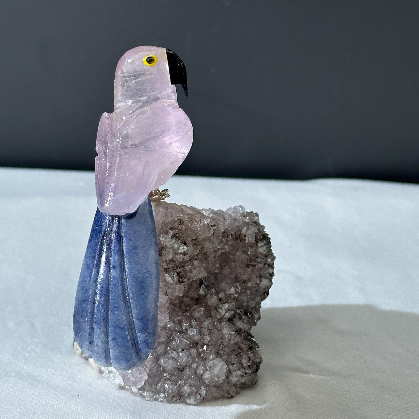 Hand-Carved Amethyst Bird on Raw Crystal Cluster, Brazilian Gemstone Parrot Sculpture, Polished Animal Totem Decor Exact Specimen 0.71lb
