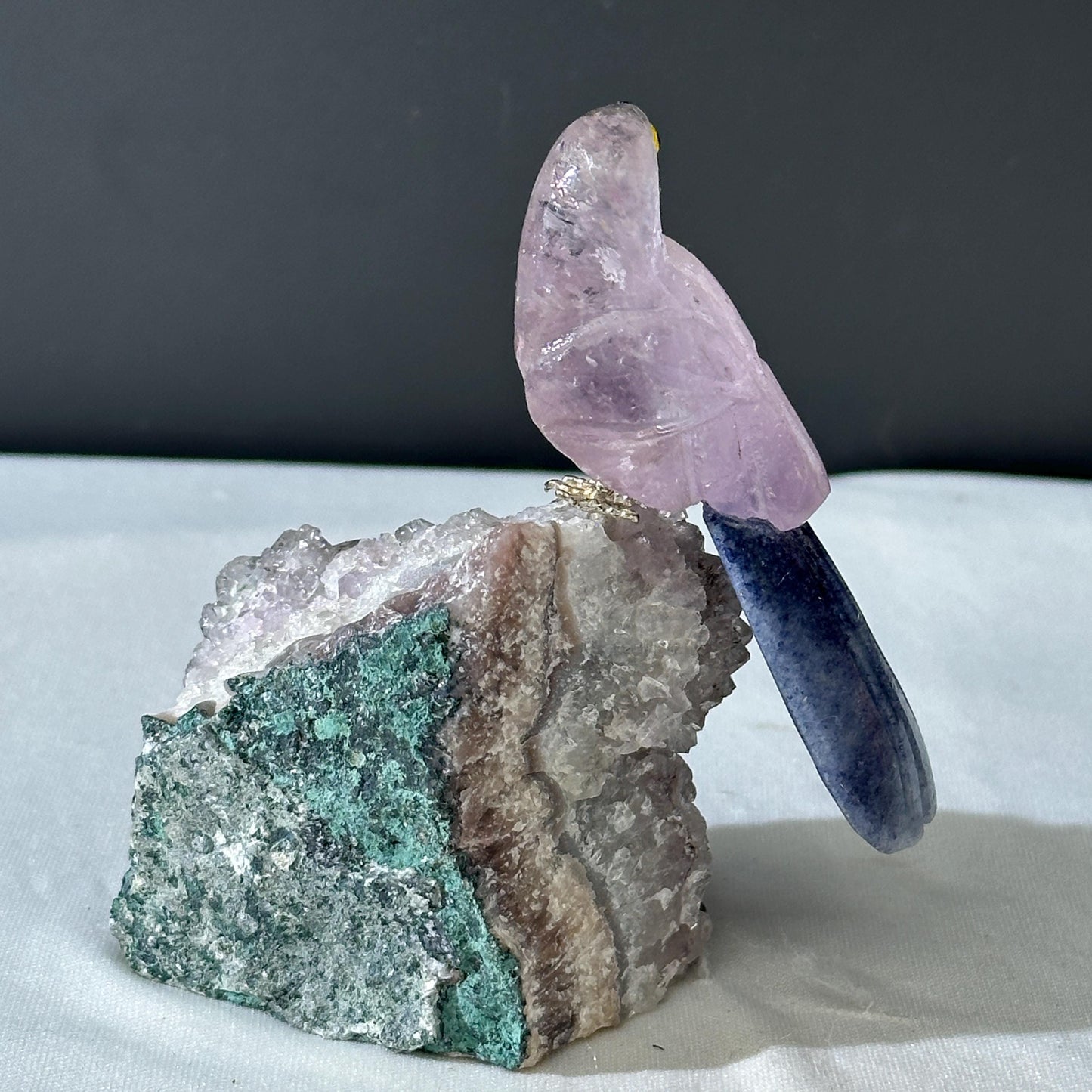 Hand-Carved Amethyst Bird on Raw Crystal Cluster, Brazilian Gemstone Parrot Sculpture, Polished Animal Totem Decor Exact Specimen 0.71lb