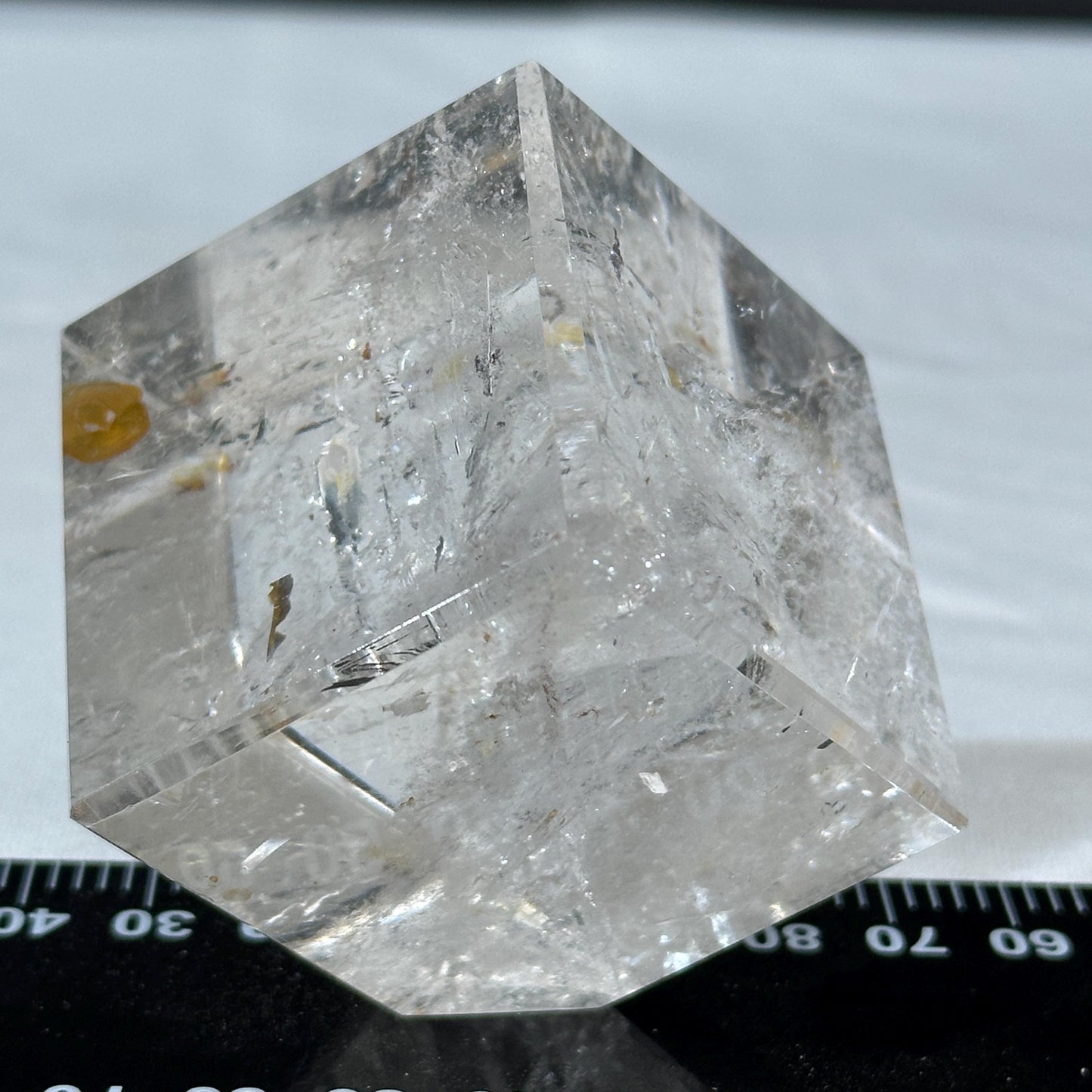 Clear Quartz Cube with Golden Healer Inclusions, Polished Brazilian Crystal Square Block, Yellow Hematite Symbiosis Decor Exact 0.60lb