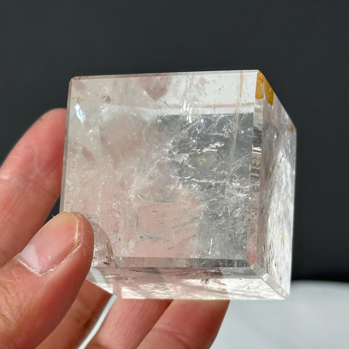 Clear Quartz Cube with Golden Healer Inclusions, Polished Brazilian Crystal Square Block, Yellow Hematite Symbiosis Decor Exact 0.60lb - view 7
