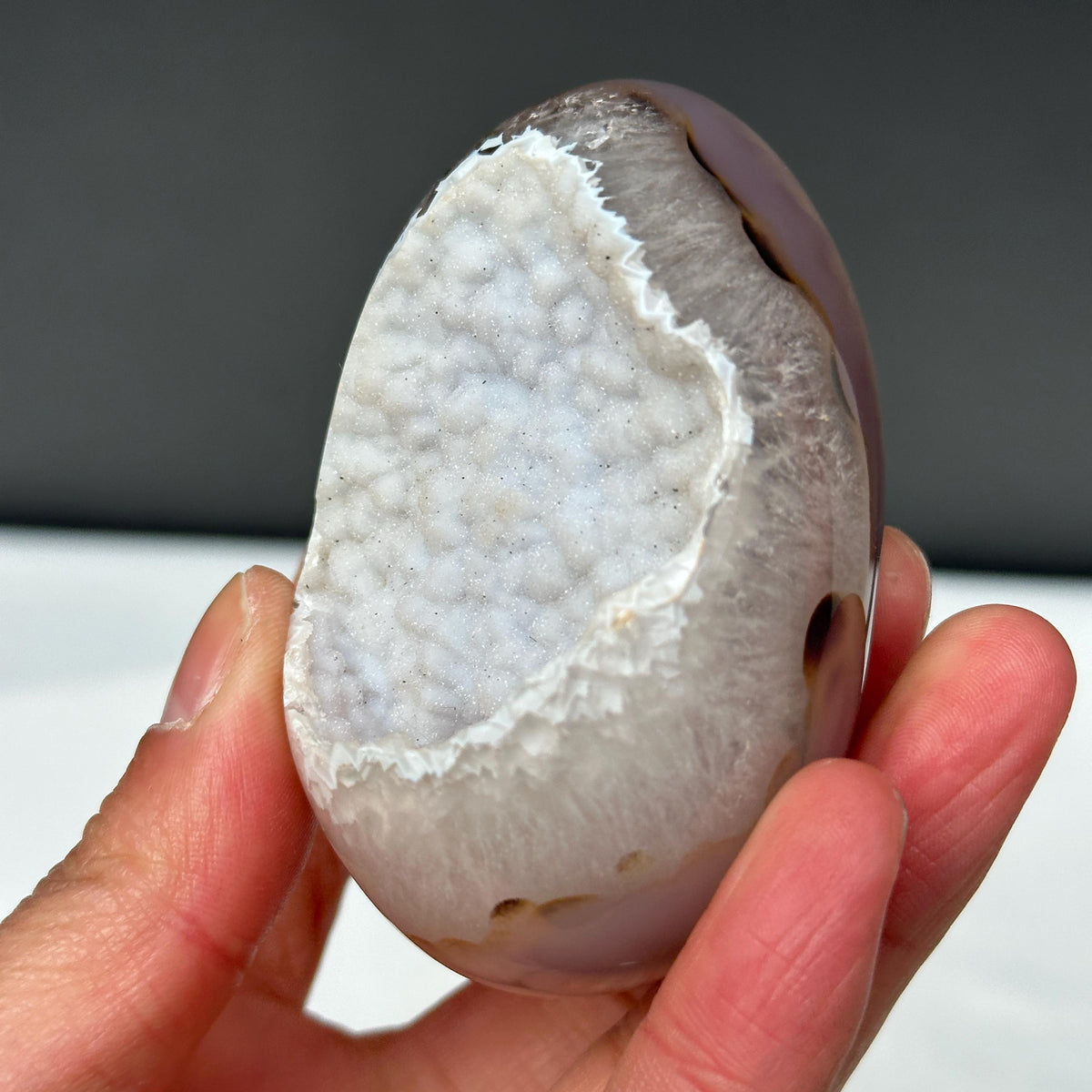 White Sugar Druzy Agate Dragon Egg with Stand, Polished Brazilian Crystal Geode, Sparkling Cave Aesthetic Decor Exact Specimen 0.47lb - view 8