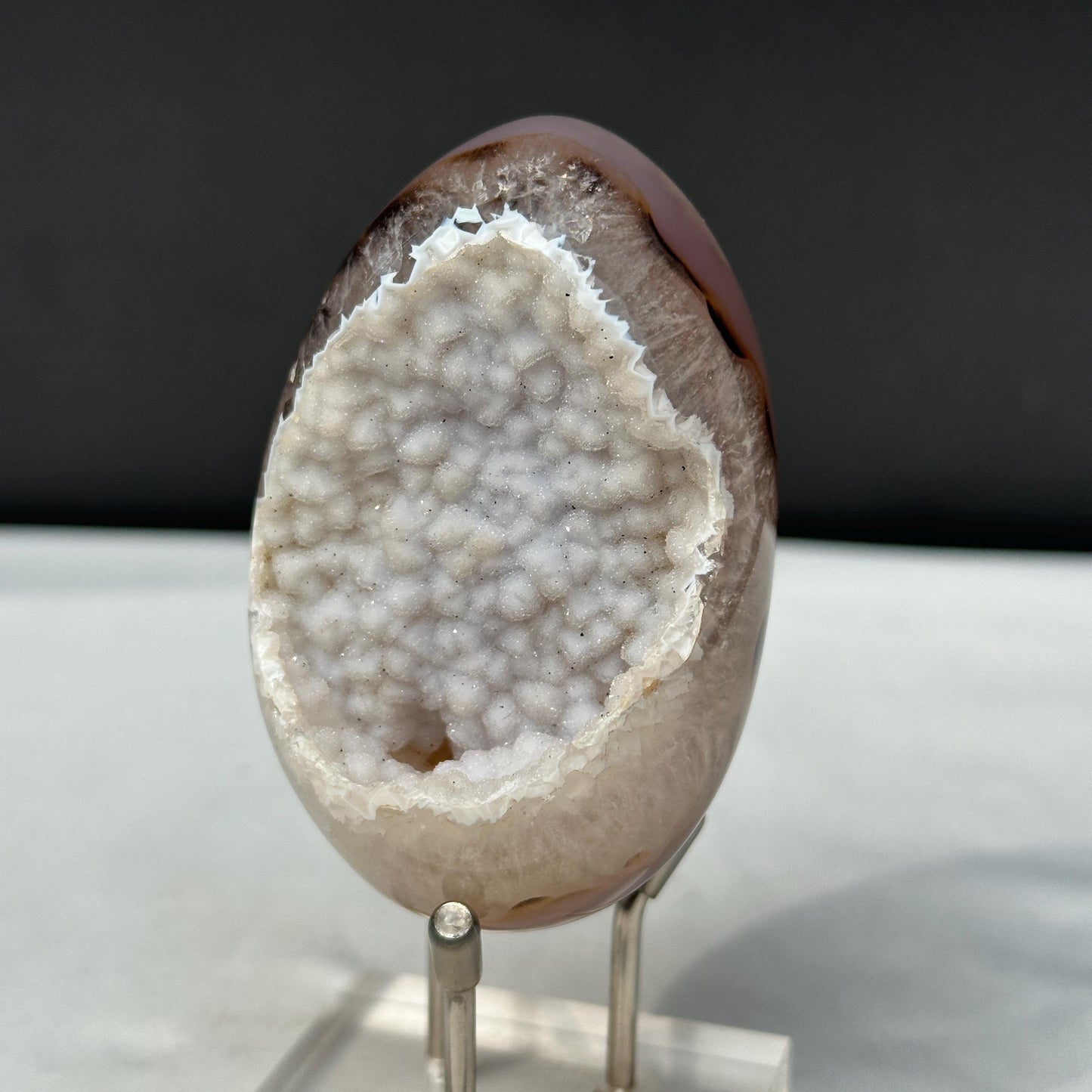 White Sugar Druzy Agate Dragon Egg with Stand, Polished Brazilian Crystal Geode, Sparkling Cave Aesthetic Decor Exact Specimen 0.47lb