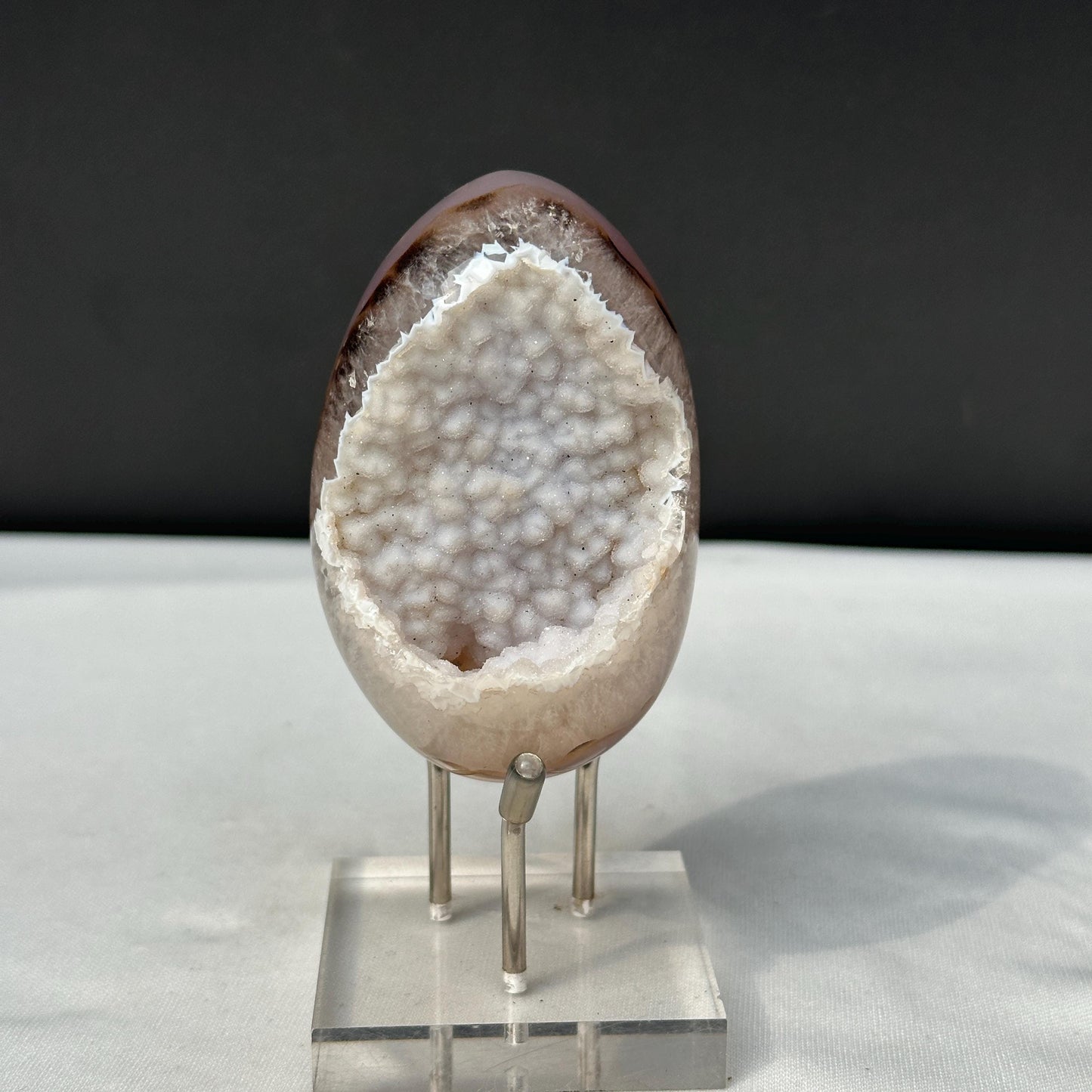White Sugar Druzy Agate Dragon Egg with Stand, Polished Brazilian Crystal Geode, Sparkling Cave Aesthetic Decor Exact Specimen 0.47lb