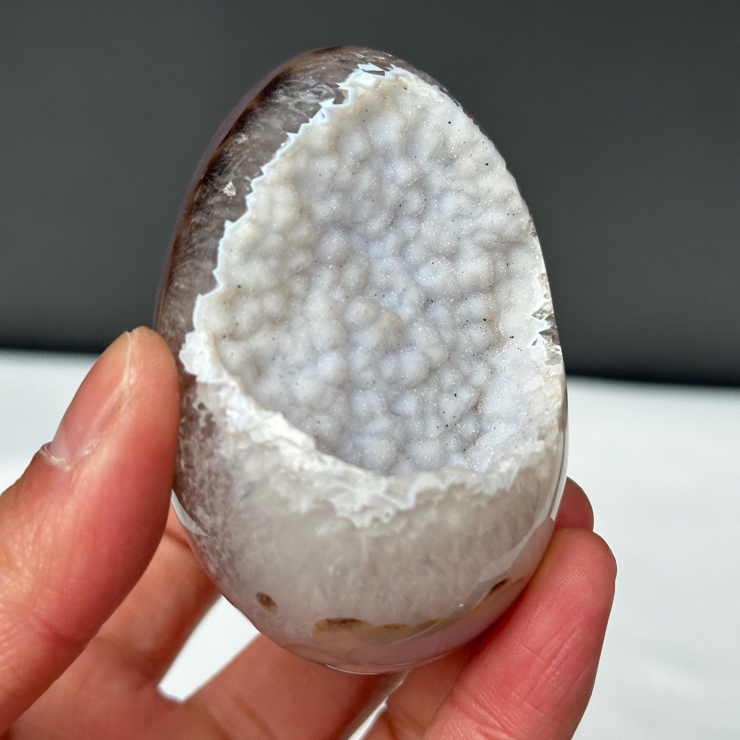 White Sugar Druzy Agate Dragon Egg with Stand, Polished Brazilian Crystal Geode, Sparkling Cave Aesthetic Decor Exact Specimen 0.47lb - view 2