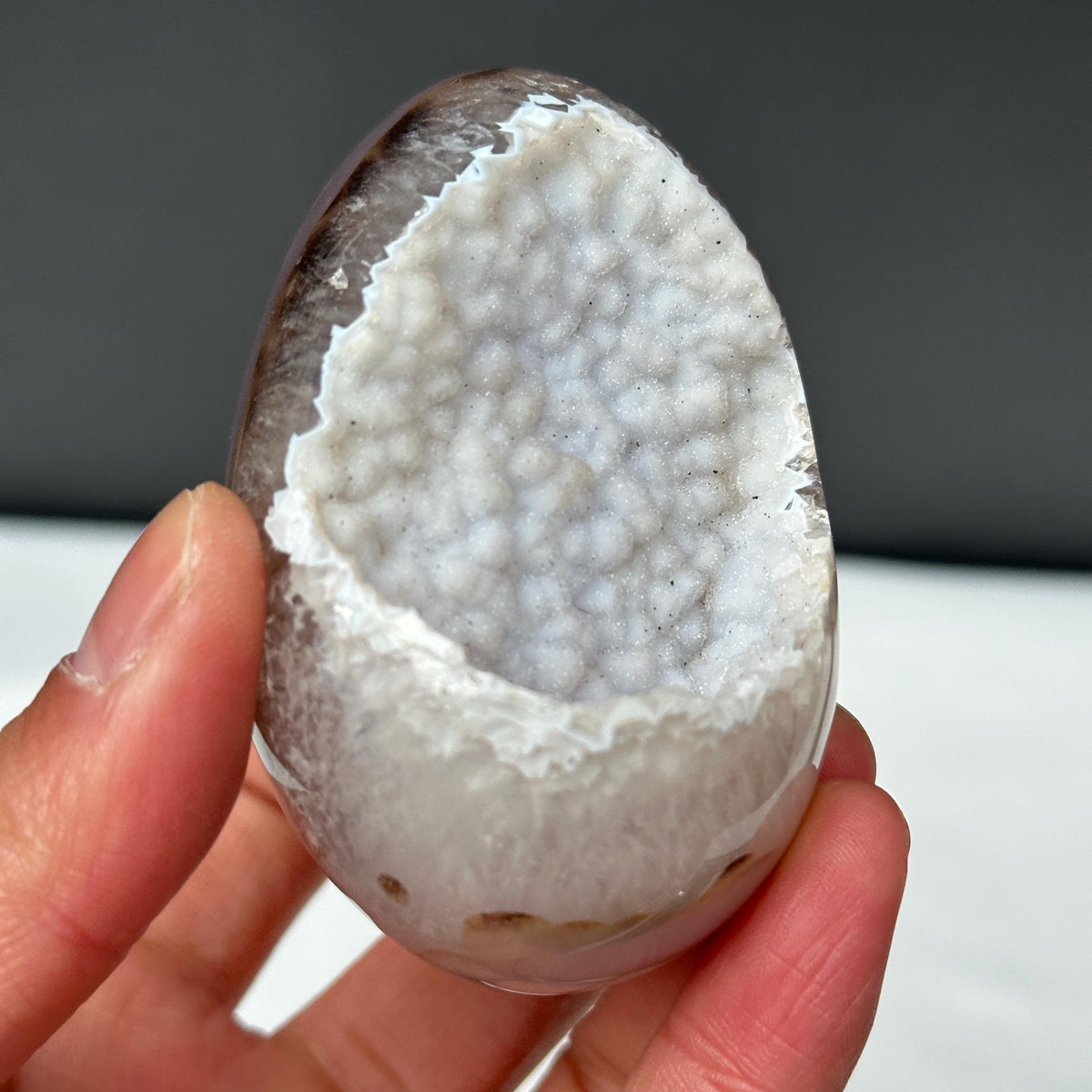 White Sugar Druzy Agate Dragon Egg with Stand, Polished Brazilian Crystal Geode, Sparkling Cave Aesthetic Decor Exact Specimen 0.47lb - view 2