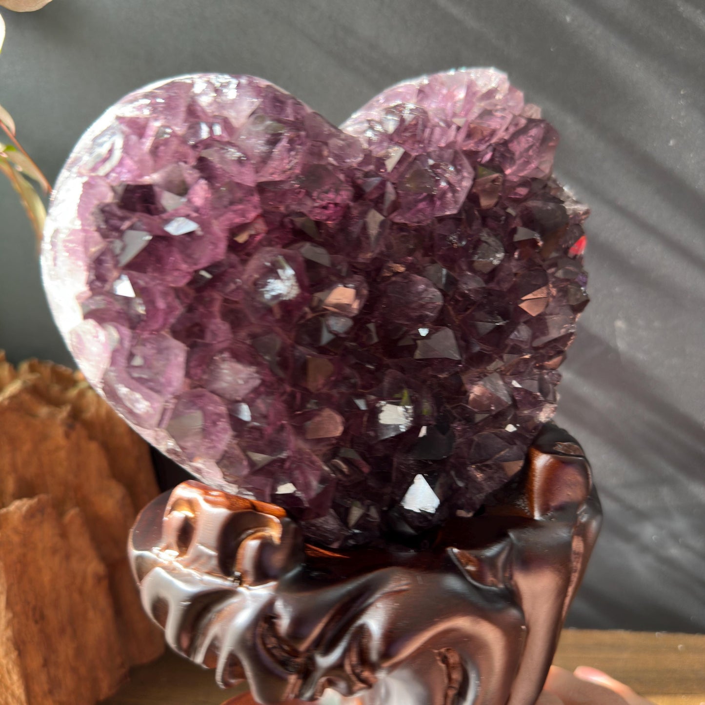 Premium Brazilian Amethyst Heart on Carved Wood Stand, High Quality Purple Crystal Decor, Healing Druzy Exact Specimen 2.87lb