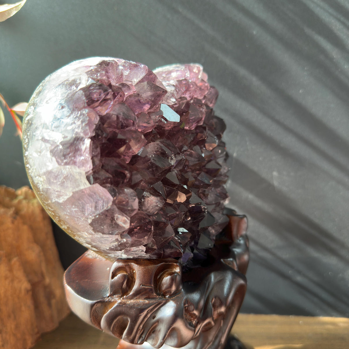 Premium Brazilian Amethyst Heart on Carved Wood Stand, High Quality Purple Crystal Decor, Healing Druzy Exact Specimen 2.87lb - view 6