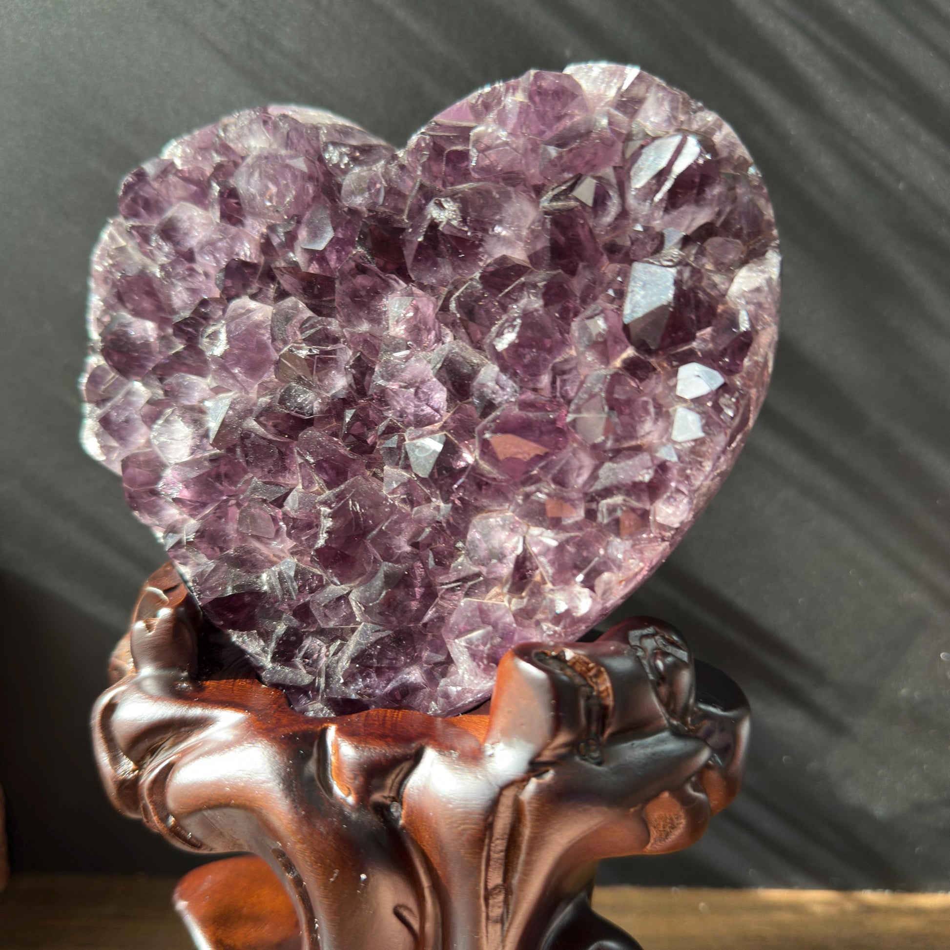 Premium Brazilian Amethyst Heart on Carved Wood Stand, High Quality Purple Crystal Decor, Healing Druzy Exact Specimen 2.87lb - view 8