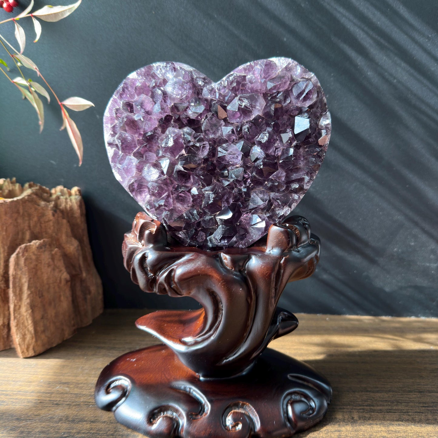 Premium Brazilian Amethyst Heart on Carved Wood Stand, High Quality Purple Crystal Decor, Healing Druzy Exact Specimen 2.87lb