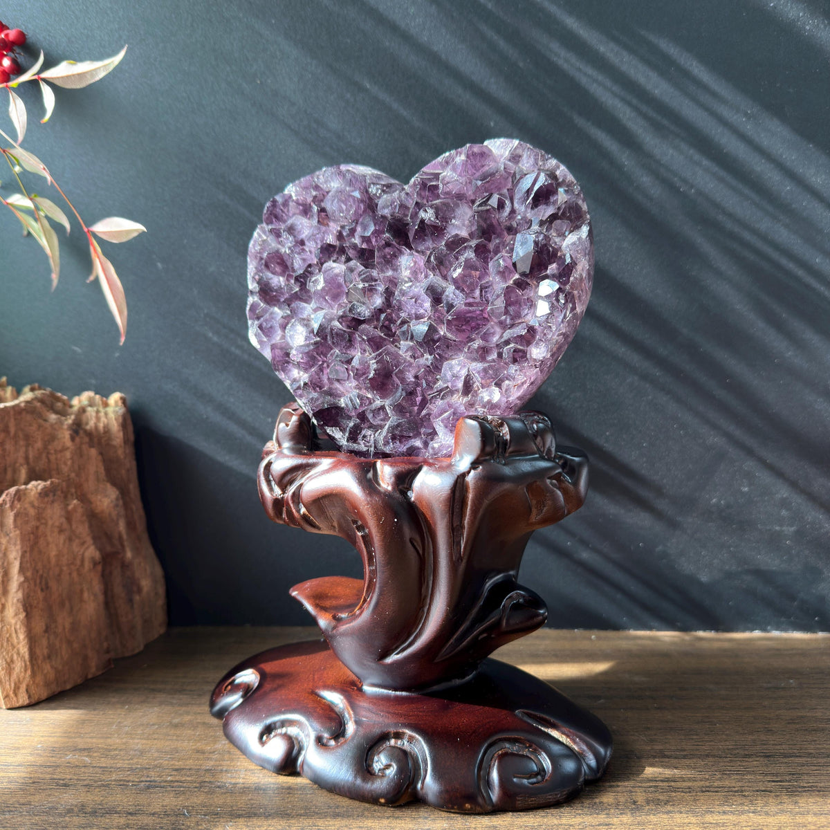 Premium Brazilian Amethyst Heart on Carved Wood Stand, High Quality Purple Crystal Decor, Healing Druzy Exact Specimen 2.87lb - view 2