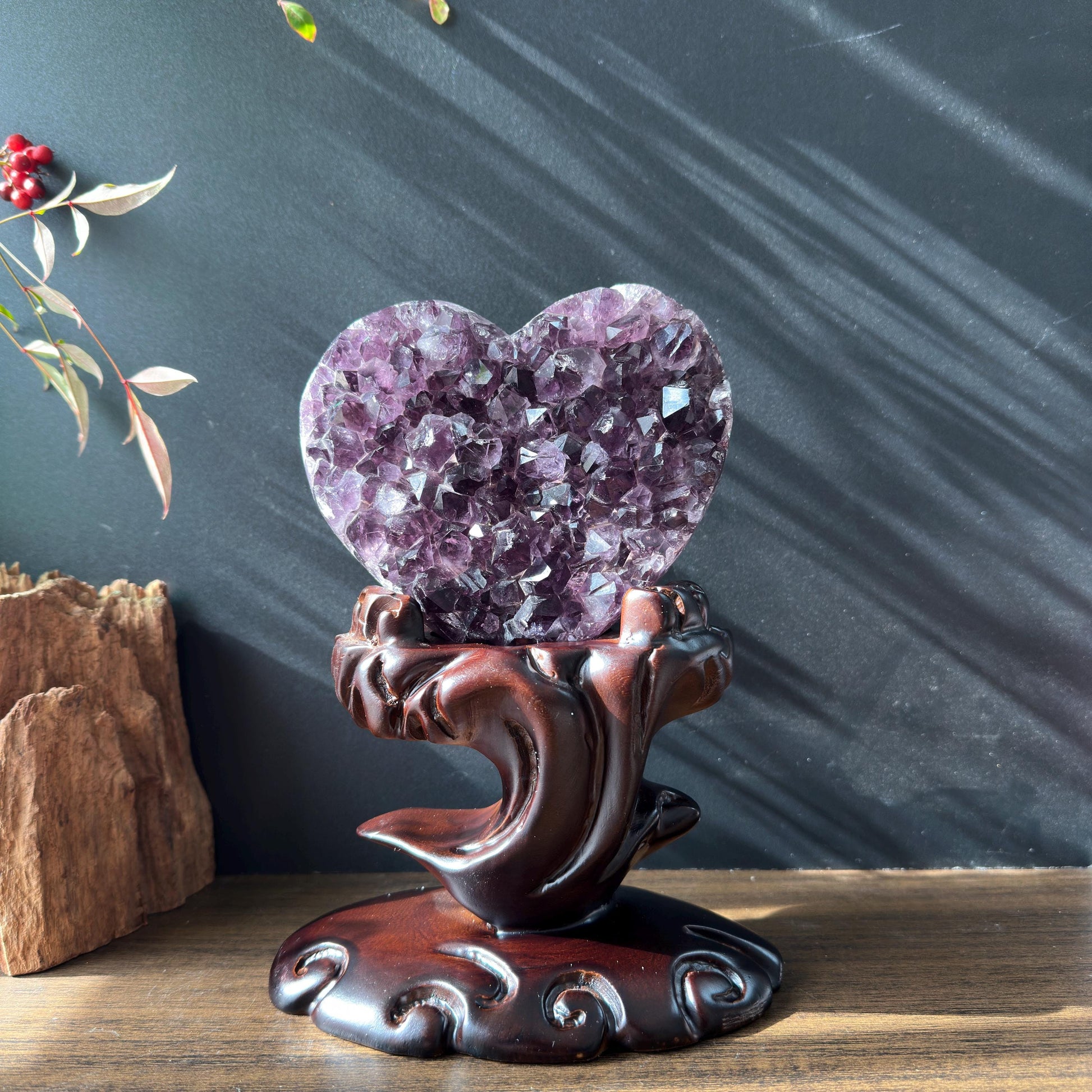 Premium Brazilian Amethyst Heart on Carved Wood Stand, High Quality Purple Crystal Decor, Healing Druzy Exact Specimen 2.87lb - view 9