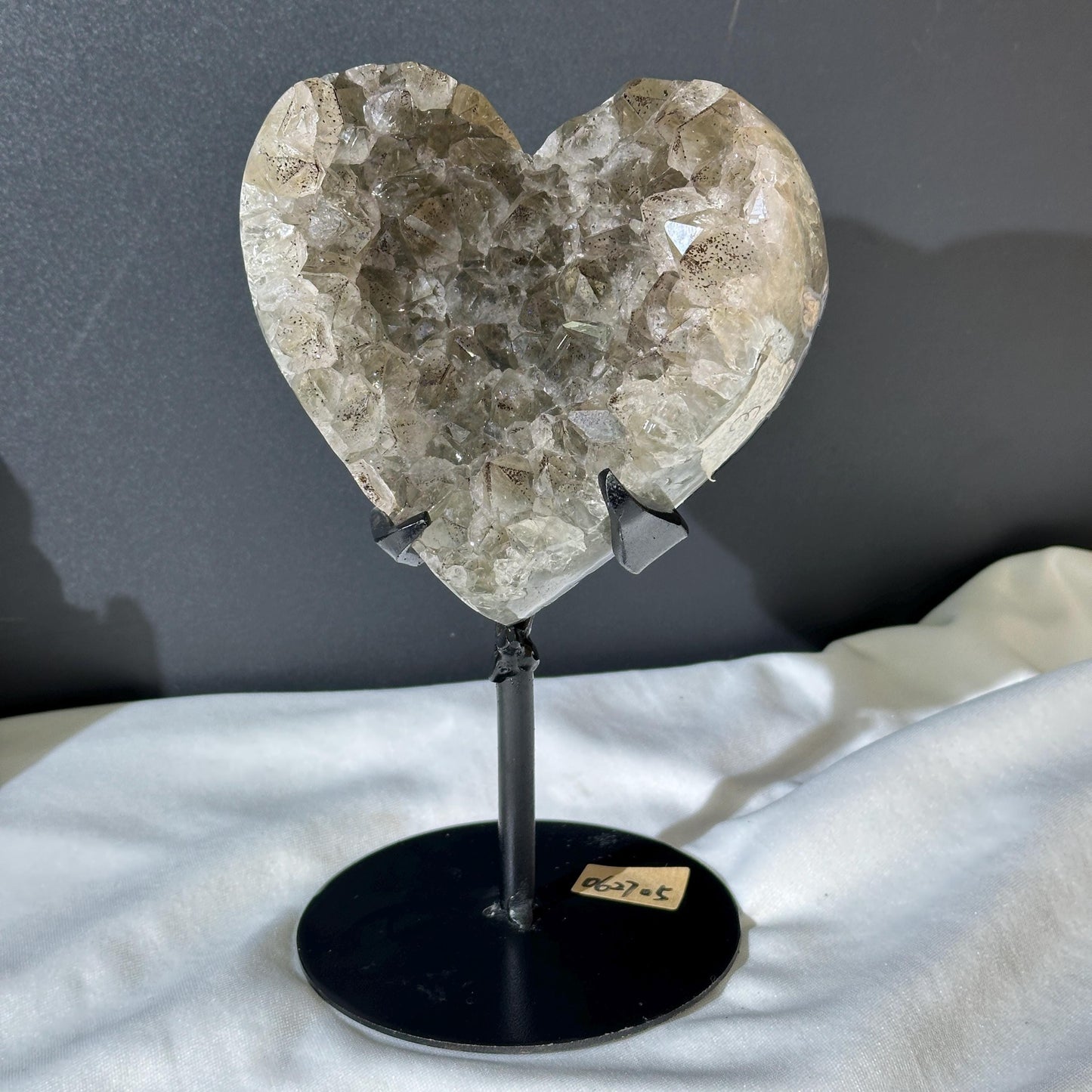 Rare Green Quartz Black Tourmaline Heart on Stand, Tourmalinated Crystal Symbiosis Decor, Brazilian Mineral Geode Exact 2.98lb