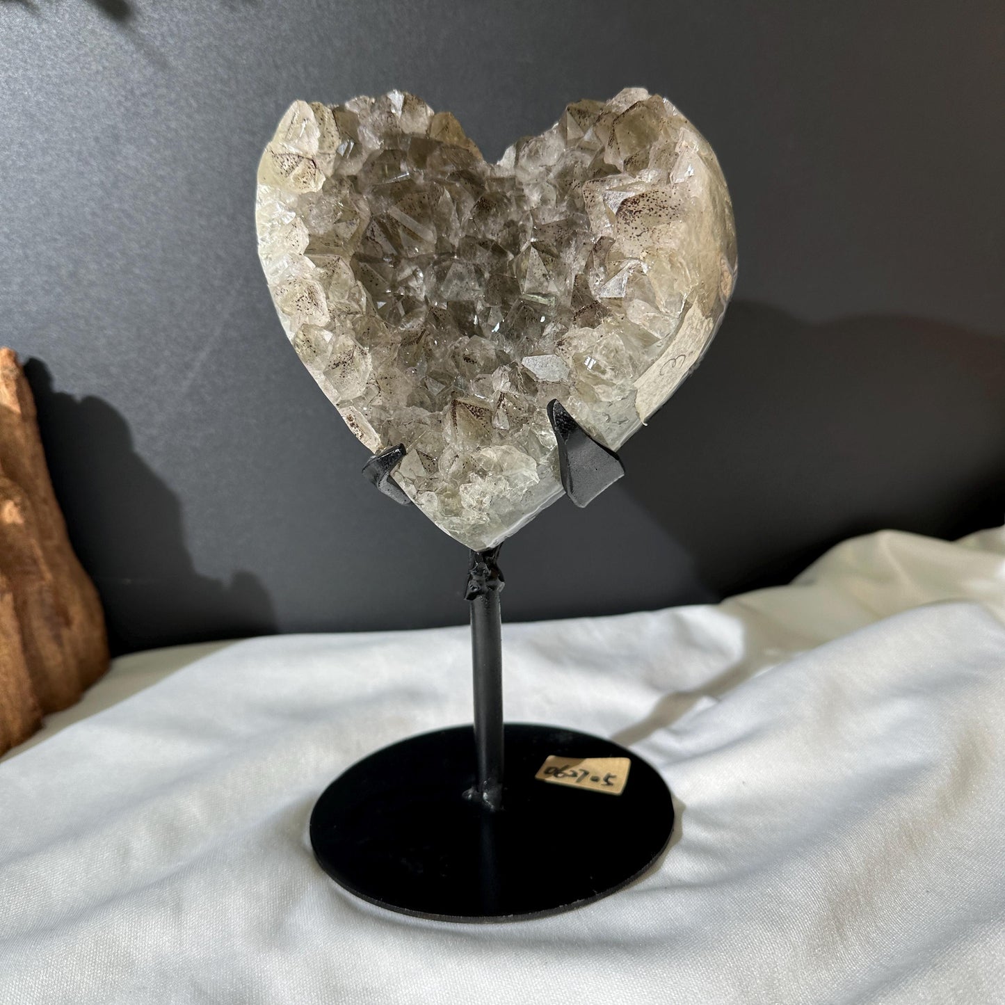 Rare Green Quartz Black Tourmaline Heart on Stand, Tourmalinated Crystal Symbiosis Decor, Brazilian Mineral Geode Exact 2.98lb