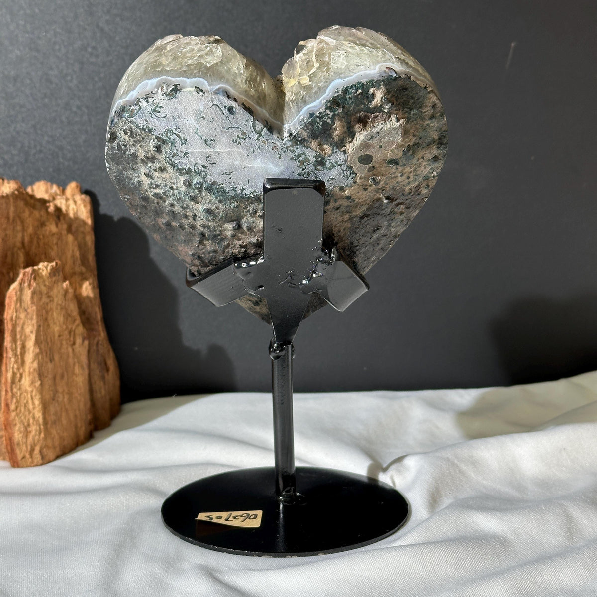 Rare Green Quartz Black Tourmaline Heart on Stand, Tourmalinated Crystal Symbiosis Decor, Brazilian Mineral Geode Exact 2.98lb - view 9