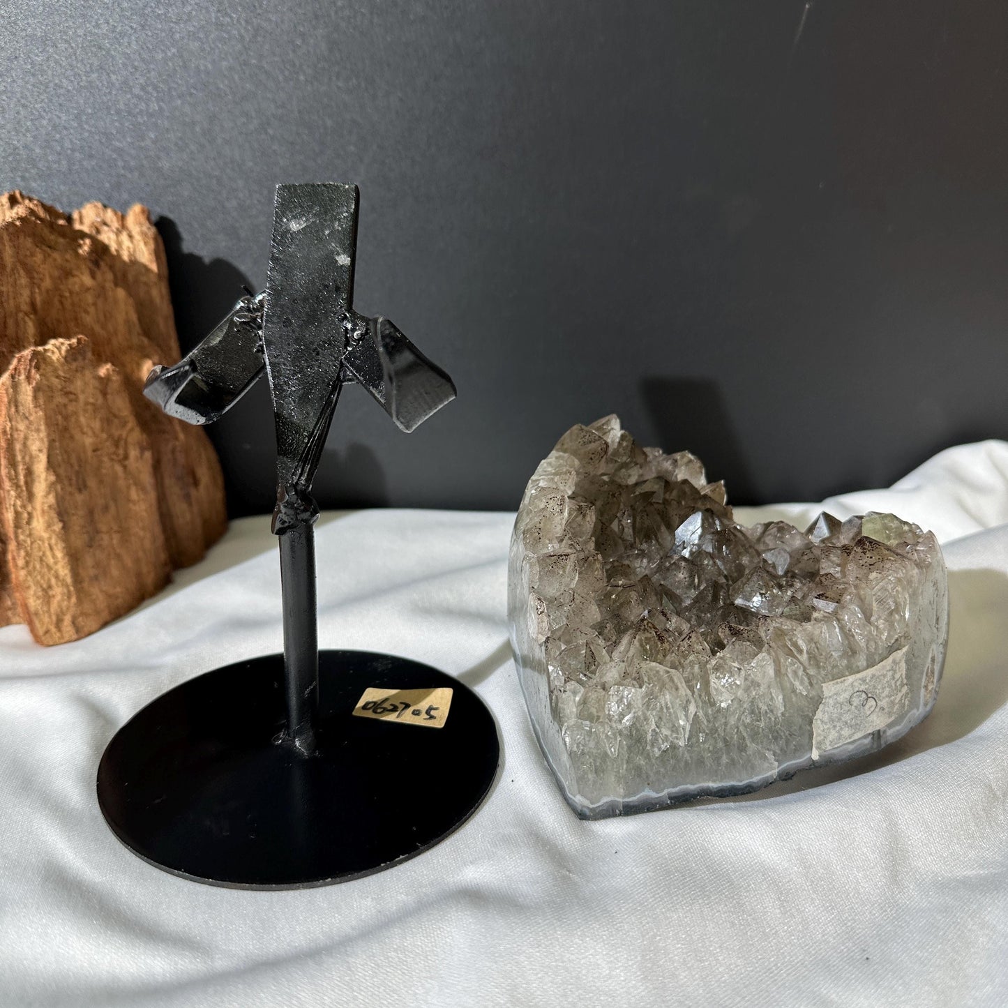 Rare Green Quartz Black Tourmaline Heart on Stand, Tourmalinated Crystal Symbiosis Decor, Brazilian Mineral Geode Exact 2.98lb - view 10