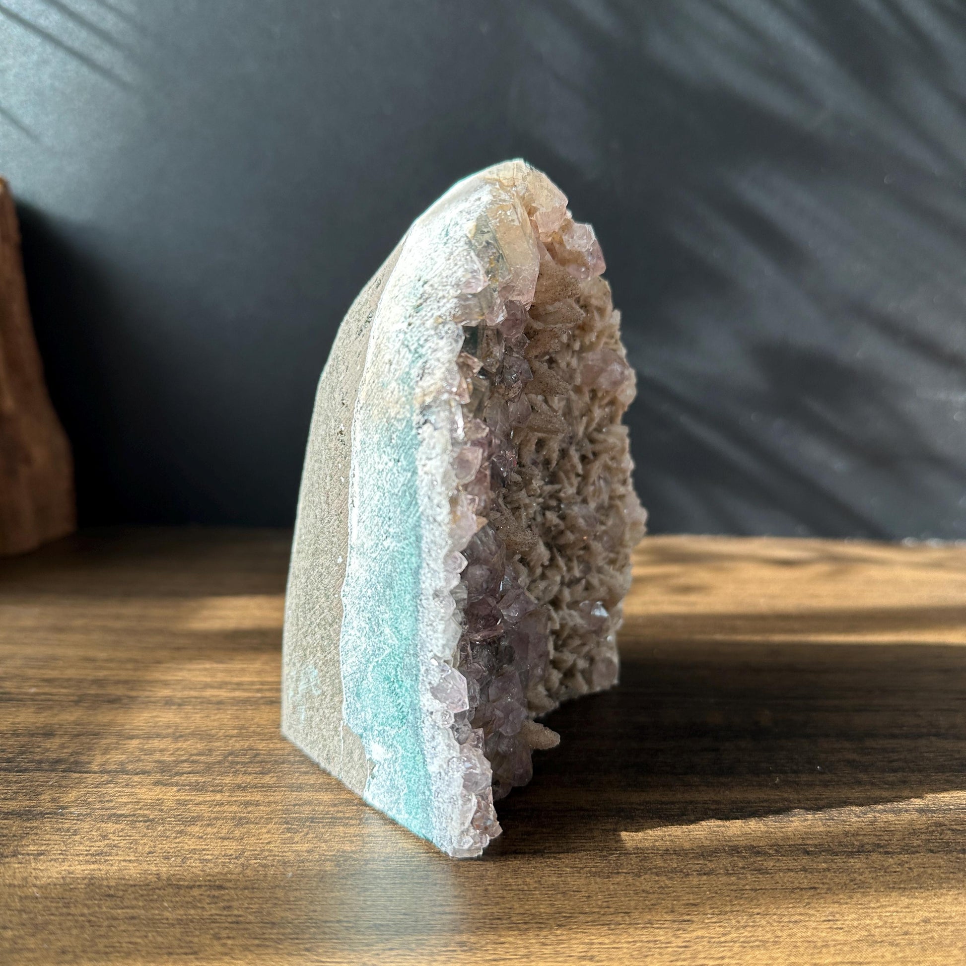 Rare Uruguayan Amethyst Phantom Quartz Calcite Symbiosis, Polished Standing Geode Freeform, Magical Crystal Decor Exact 1.76lb - view 8