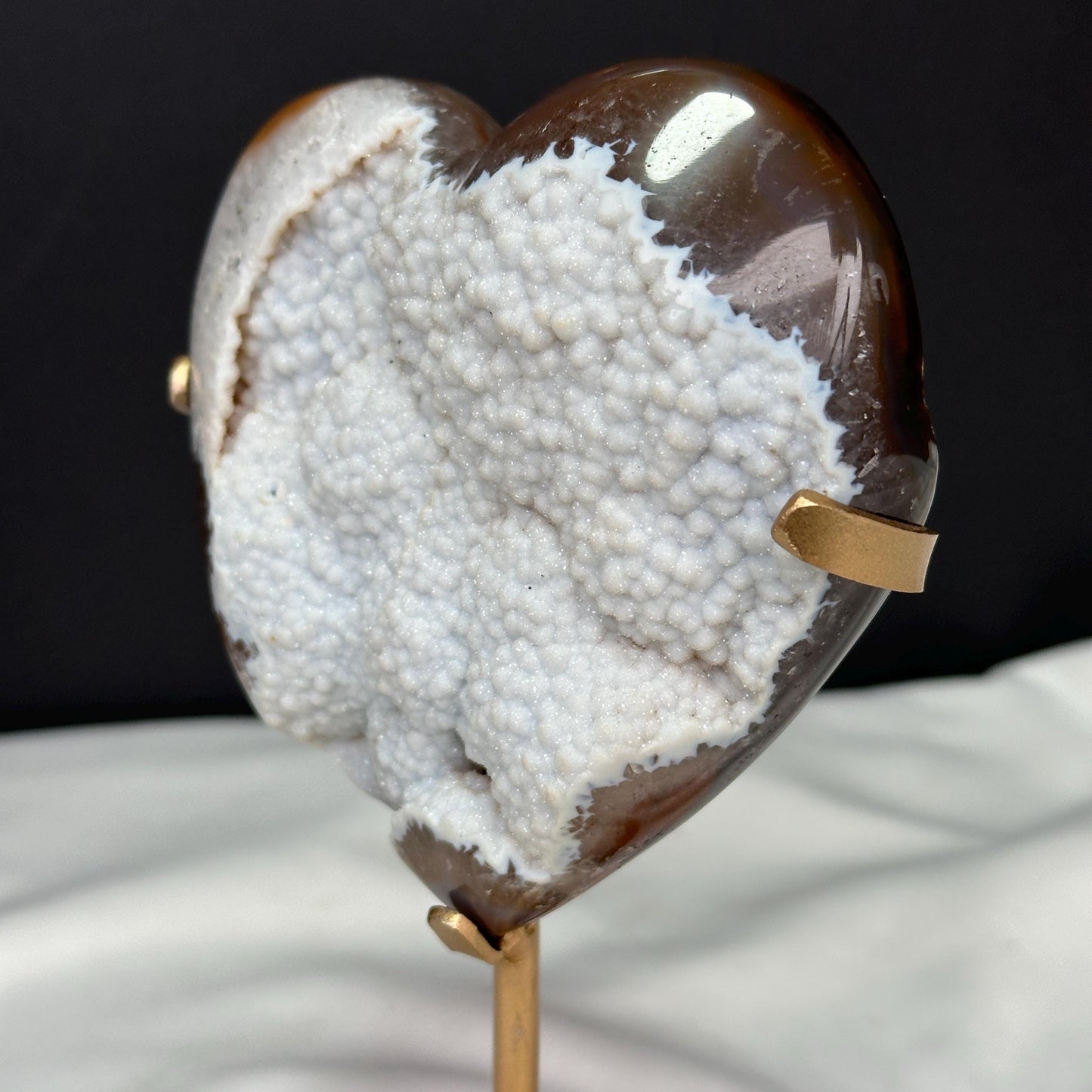 White Sugar Agate Heart on Custom Metal Stand, Sparkling Snow Druzy Crystal Decor, Polished Brazilian Geode Exact Specimen 0.99lb