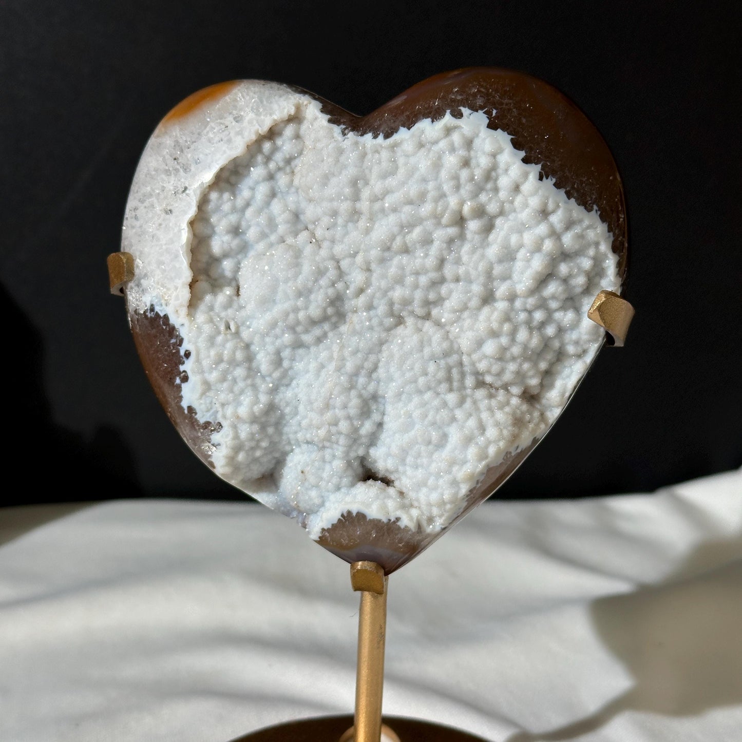 White Sugar Agate Heart on Custom Metal Stand, Sparkling Snow Druzy Crystal Decor, Polished Brazilian Geode Exact Specimen 0.99lb