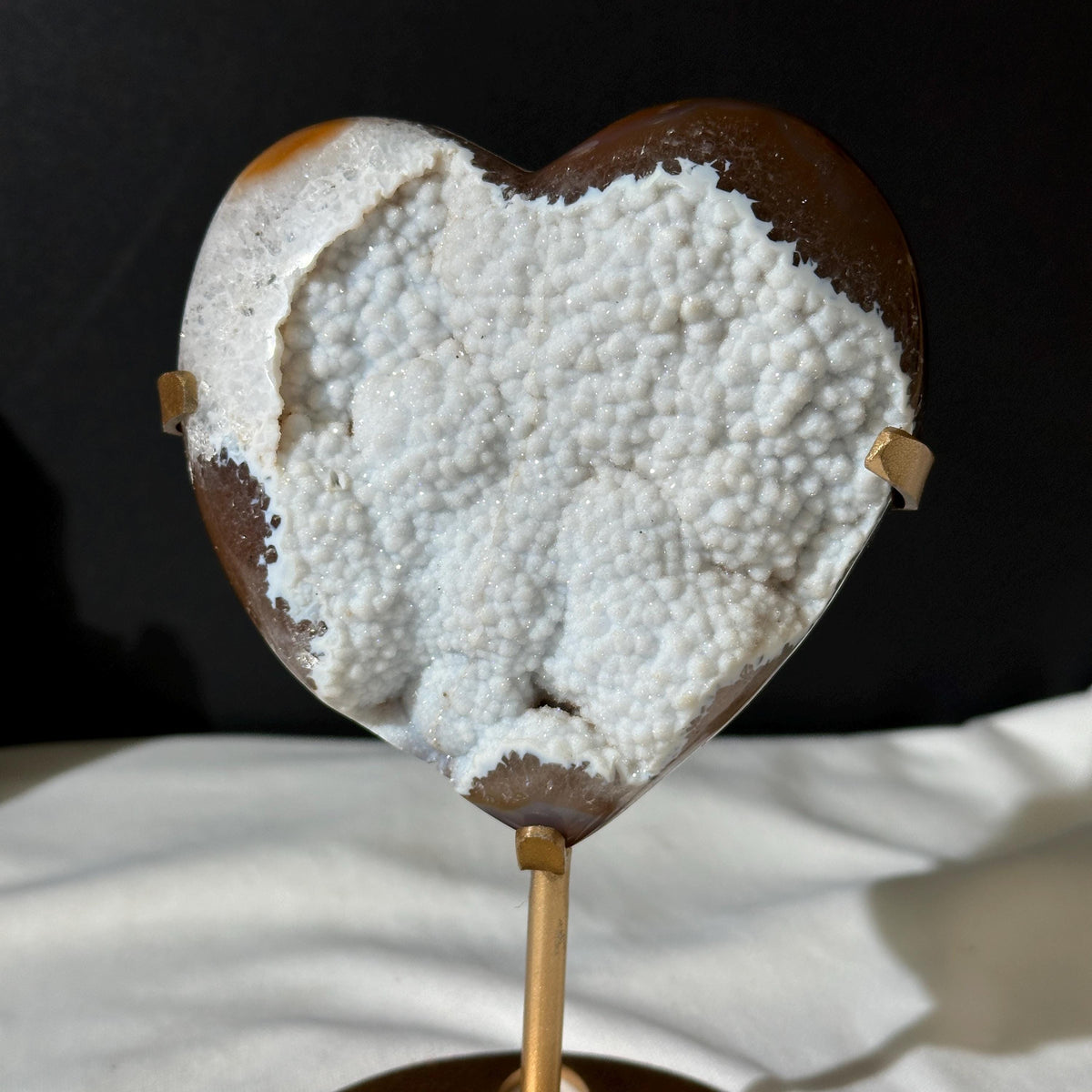 White Sugar Agate Heart on Custom Metal Stand, Sparkling Snow Druzy Crystal Decor, Polished Brazilian Geode Exact Specimen 0.99lb - view 1