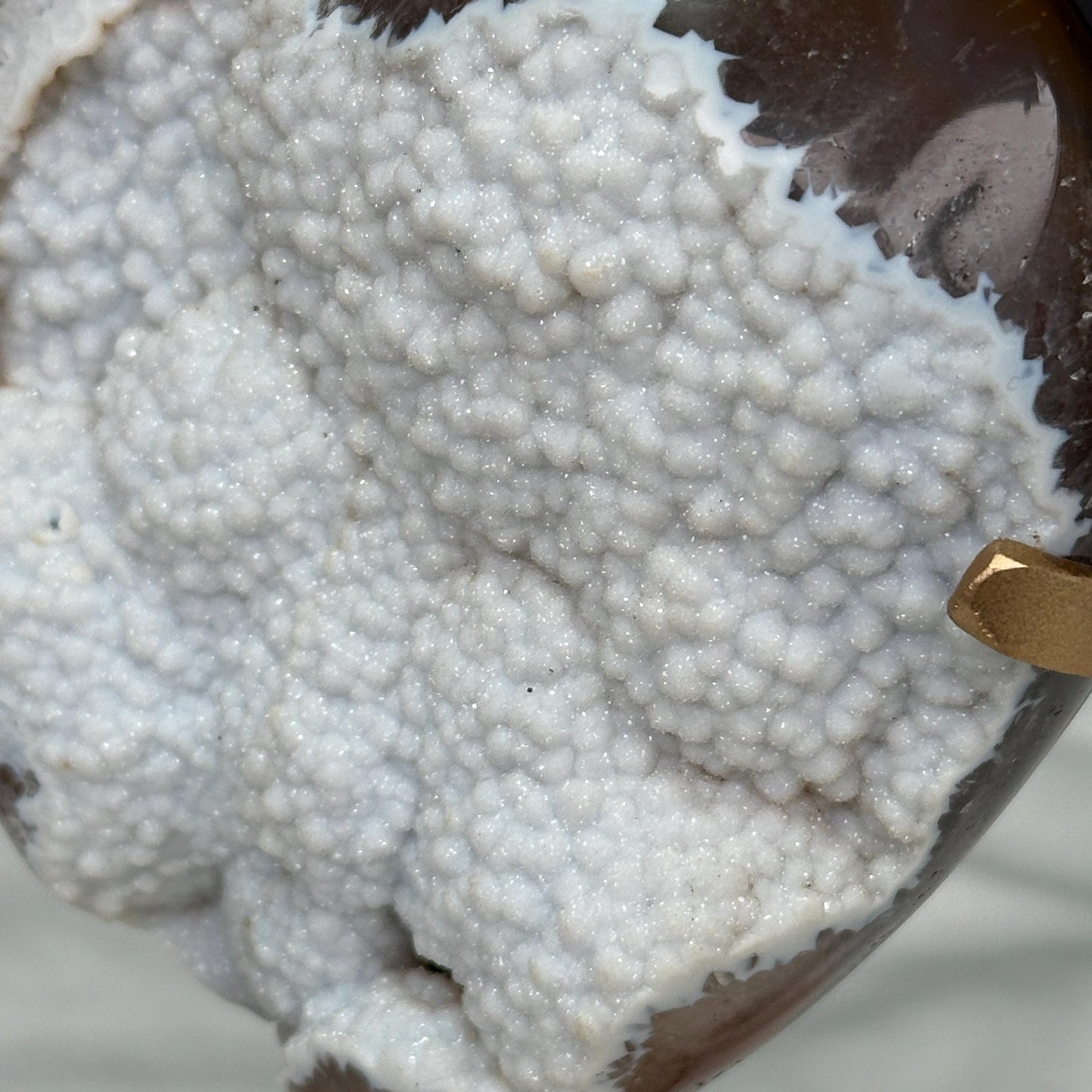 White Sugar Agate Heart on Custom Metal Stand, Sparkling Snow Druzy Crystal Decor, Polished Brazilian Geode Exact Specimen 0.99lb - view 6