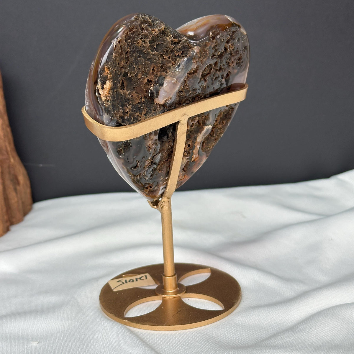 White Sugar Agate Heart on Custom Metal Stand, Sparkling Snow Druzy Crystal Decor, Polished Brazilian Geode Exact Specimen 0.99lb - view 3