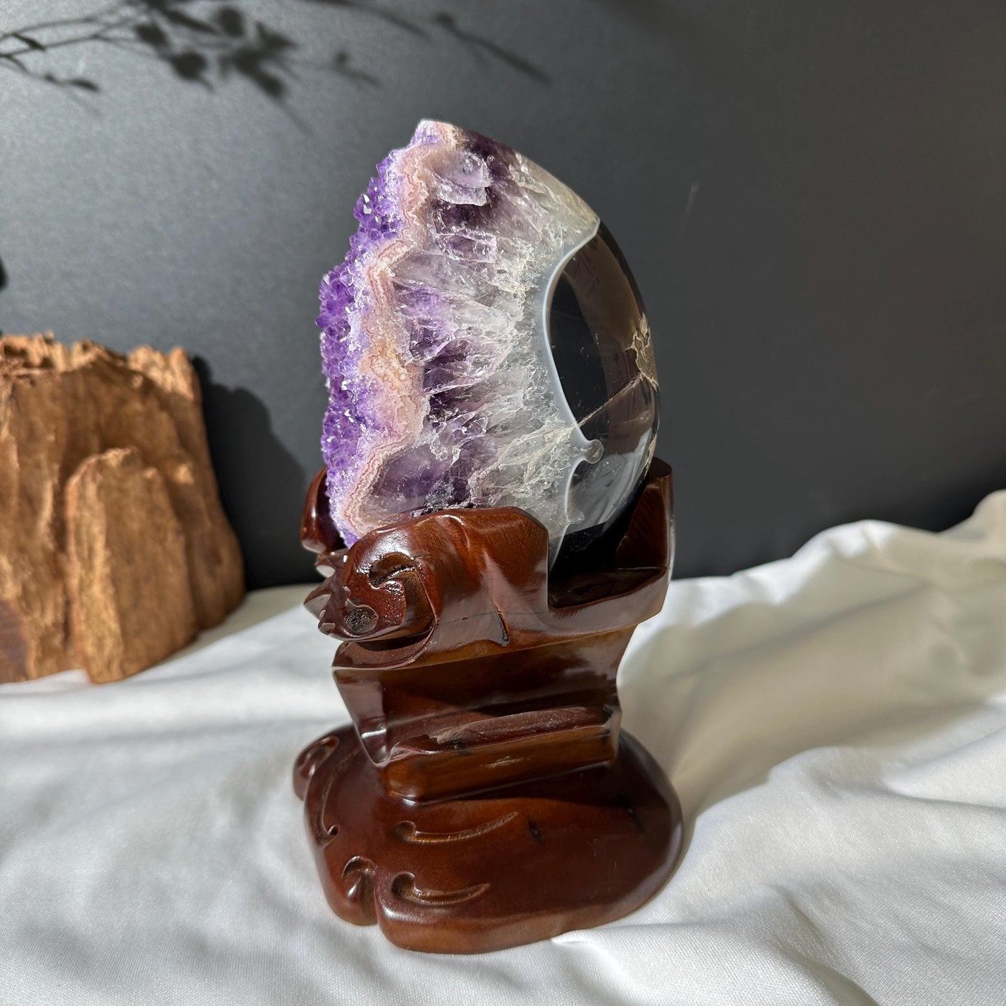 Pink Amethyst & Agate Dragon Egg Geode on Carved Wood Stand, Rare Two-Tone Brazilian Crystal Symbiosis Exact Specimen 2.62lb