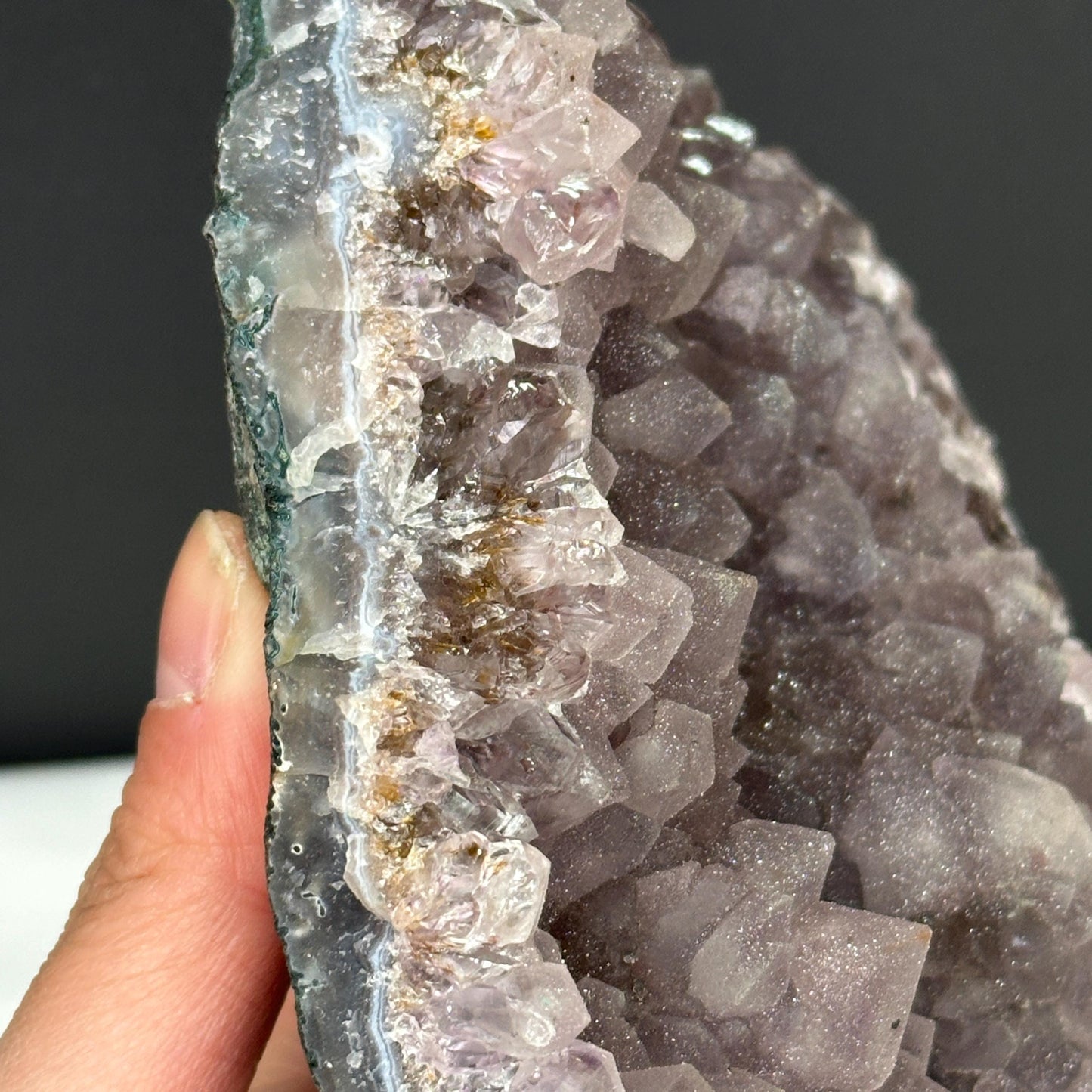 Pink Sugar Amethyst Rutilated Geode Slice + Free Stand, Rare Druzy Crystal Symbiosis Decor, Raw Mineral Specimen Exact 2.54lb - view 8