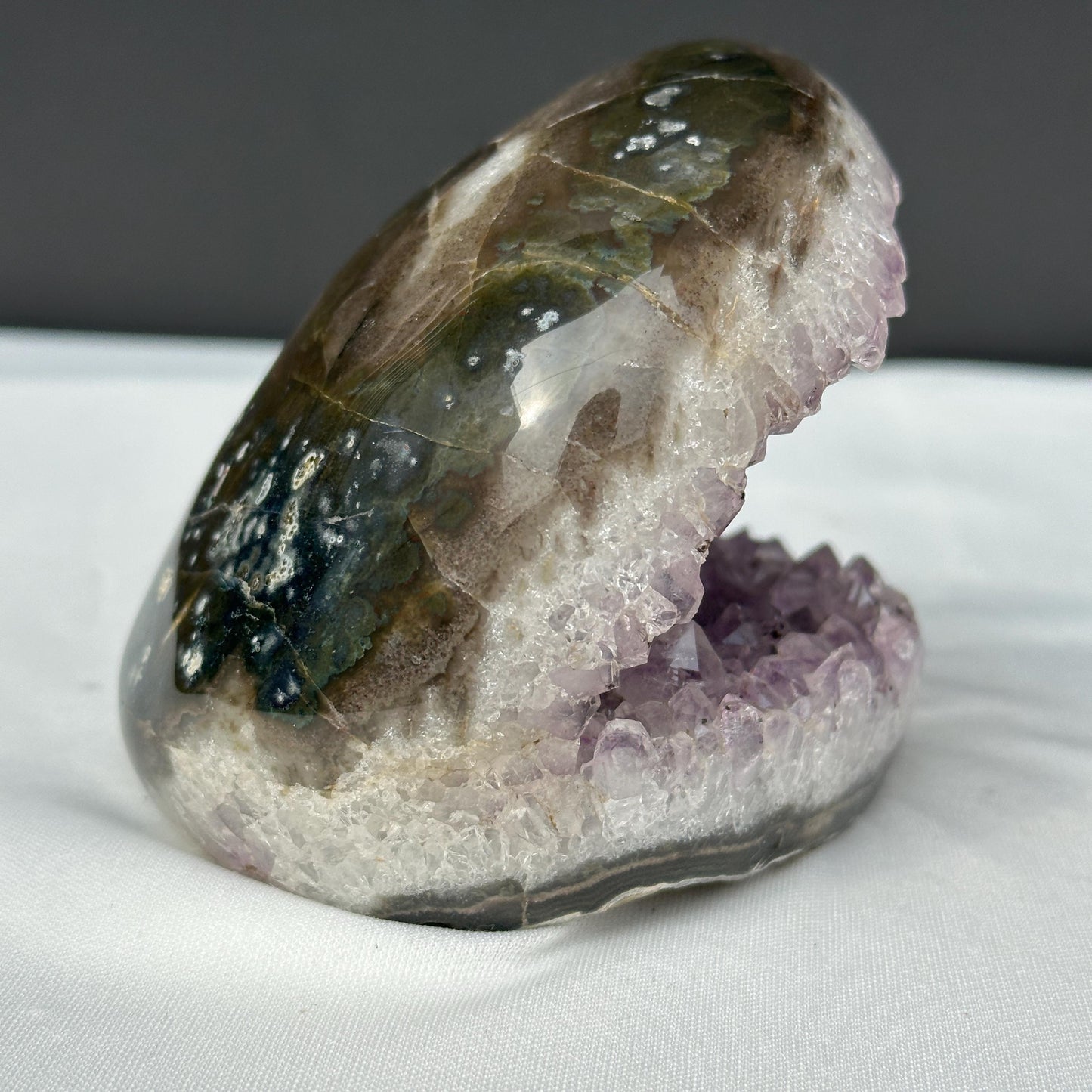 Brazilian Amethyst with Black Tourmaline Symbiosis, Shark Mouth Shape Geode Cluster, Polished Matrix Crystal Specimen Exact 1.62lb